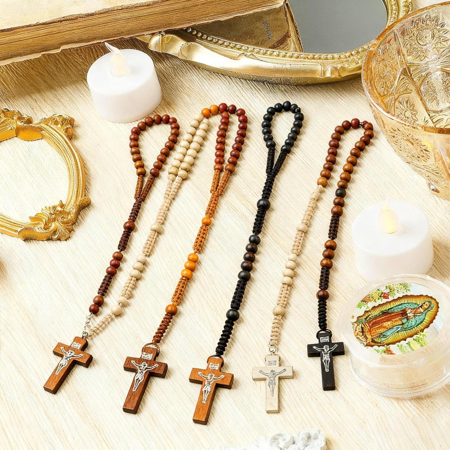 48 Pcs Wooden Rosary Beads Necklace Bulk, Handmade Wood Catholic Rosaries with Cross and Organza Bags, First Communion and Baptism Favors, Religious Gifts for Men and Women - Image 4