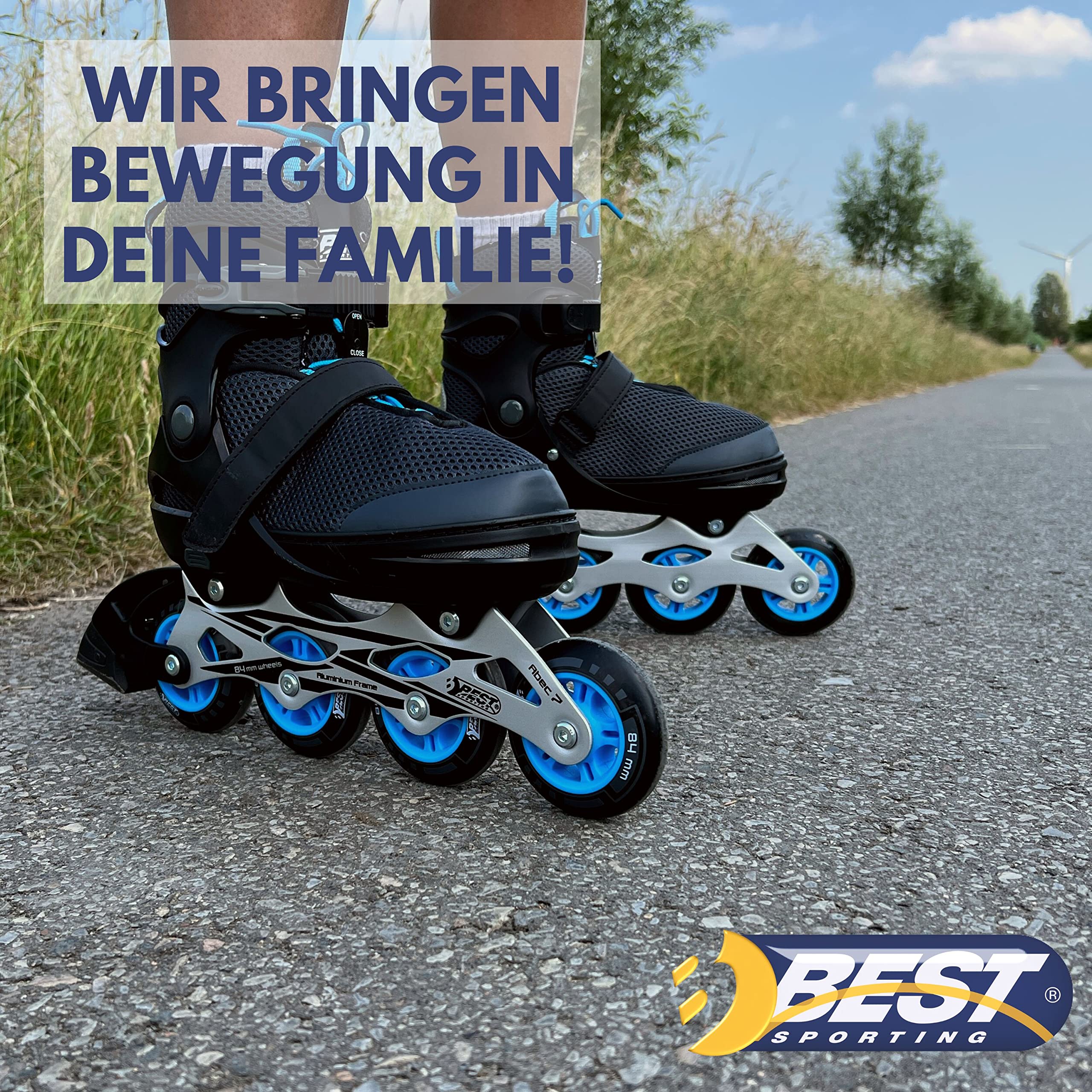 Best Sporting Rollers en ligne pour adultes et adolescents - Taille 37 à 41 I - Réglable en largeur jusqu'à 6 mm - Inliner robuste avec frein I bleu I Rollers Chaussures I Rollers avec 4 roulettes