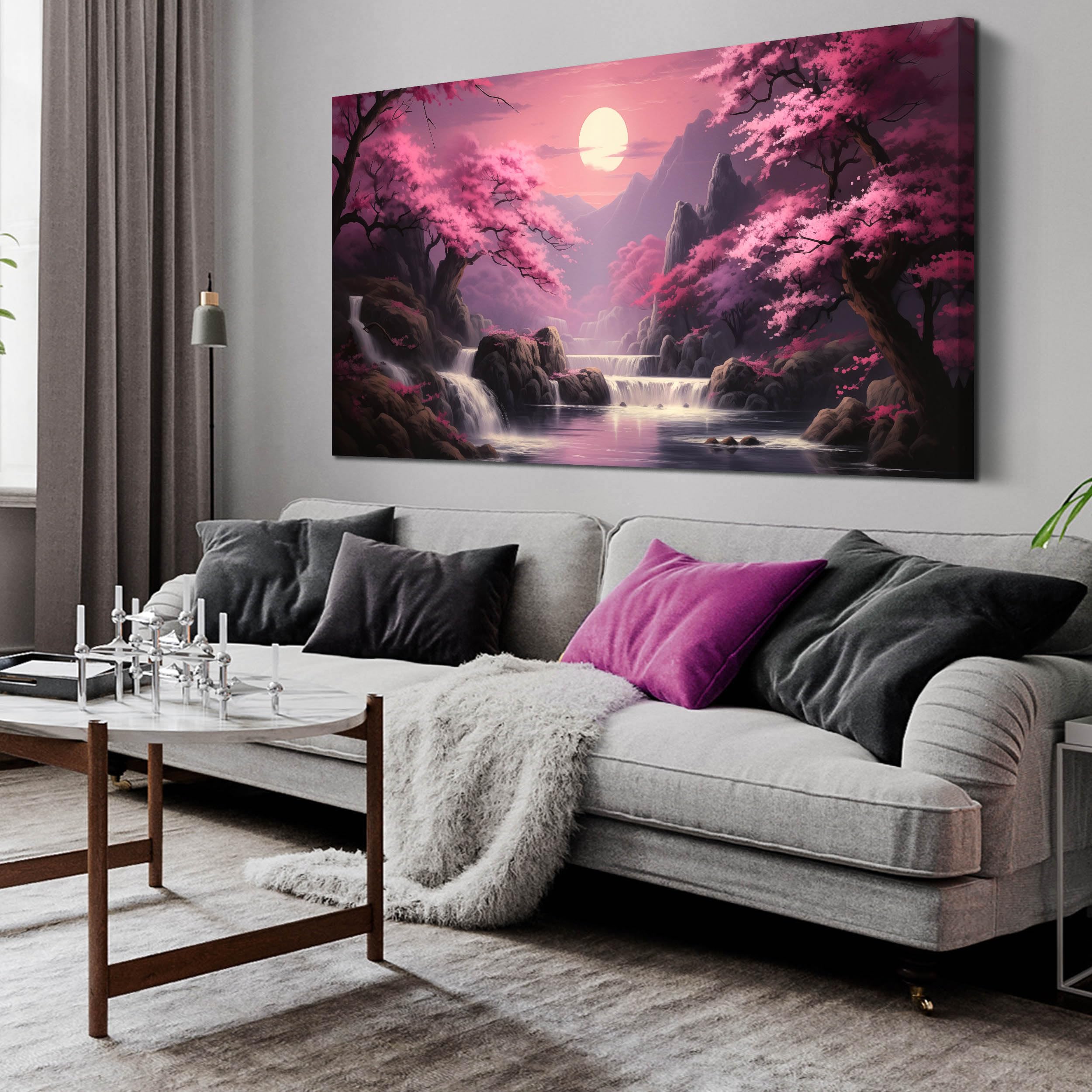 Landscape Wall Art for Living Room Bedroom Office Pink Wall Art Moon Lake Mountain Pictures Modern Artwork Framed Wall Decor Canvas Prints 29x59 In