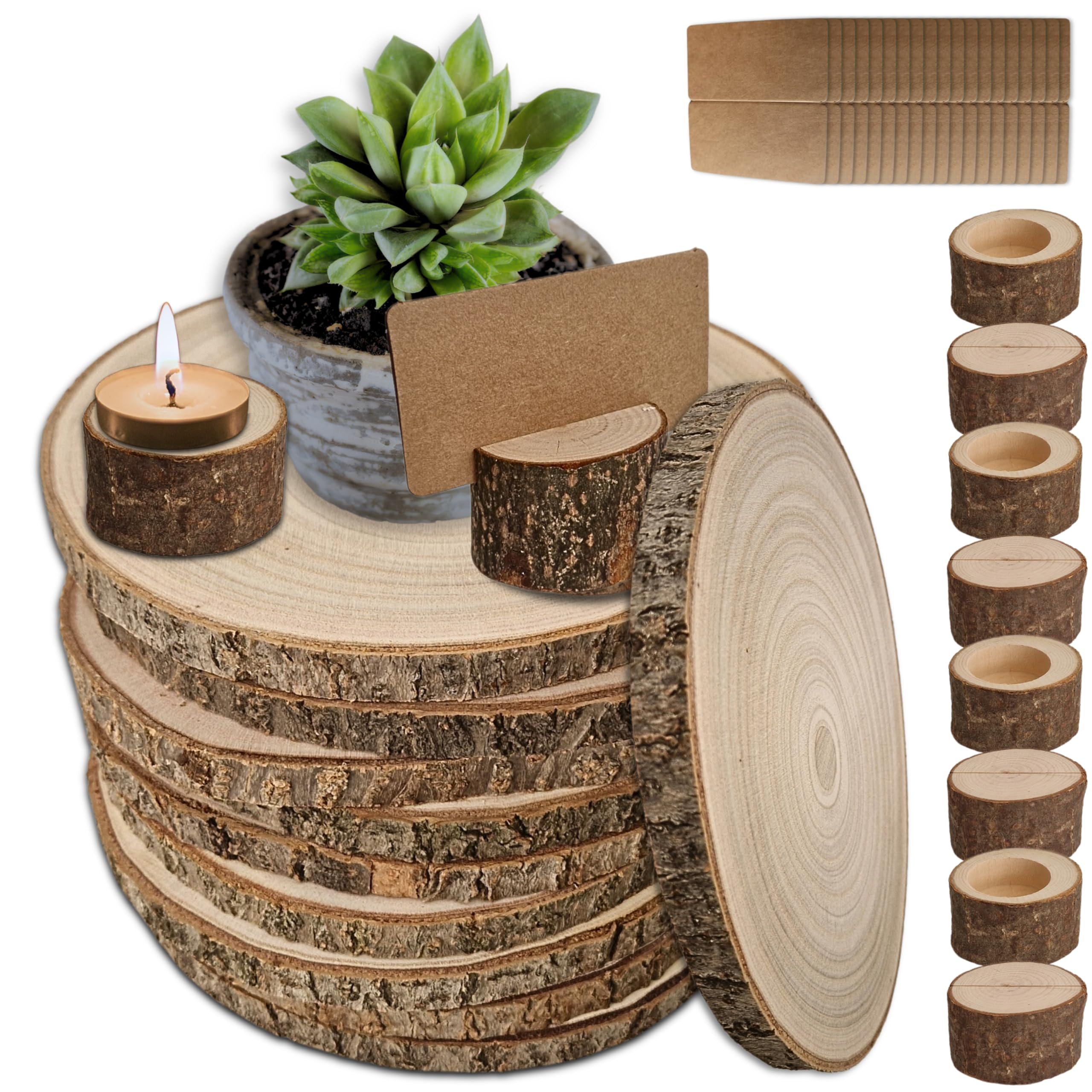 AMCOARG 10 Wood Slices for Centerpieces 6-8 in, with 10 Versatile Holders Numbers-Candle and 20 Cards. Wood Centerpieces for Table, Rustic Wedding, Baby Showers, Unfinished Wood for Crafts DIY