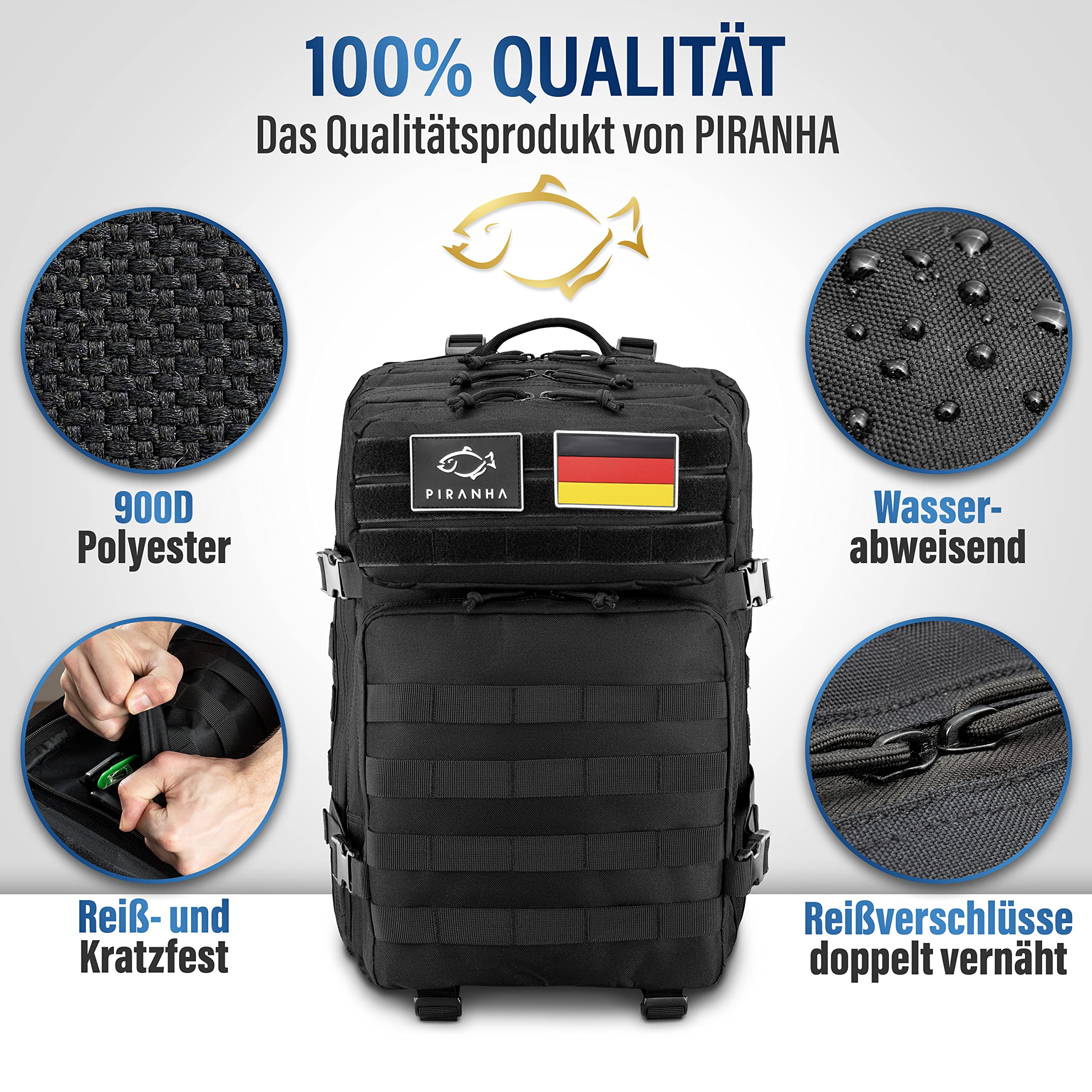 PIRANHA Outdoor Rucksack 45L – Robuster Wanderrucksack für Trekking, Camping & Bushcraft – Wasserabweisender Backpack mit vielen Fächern