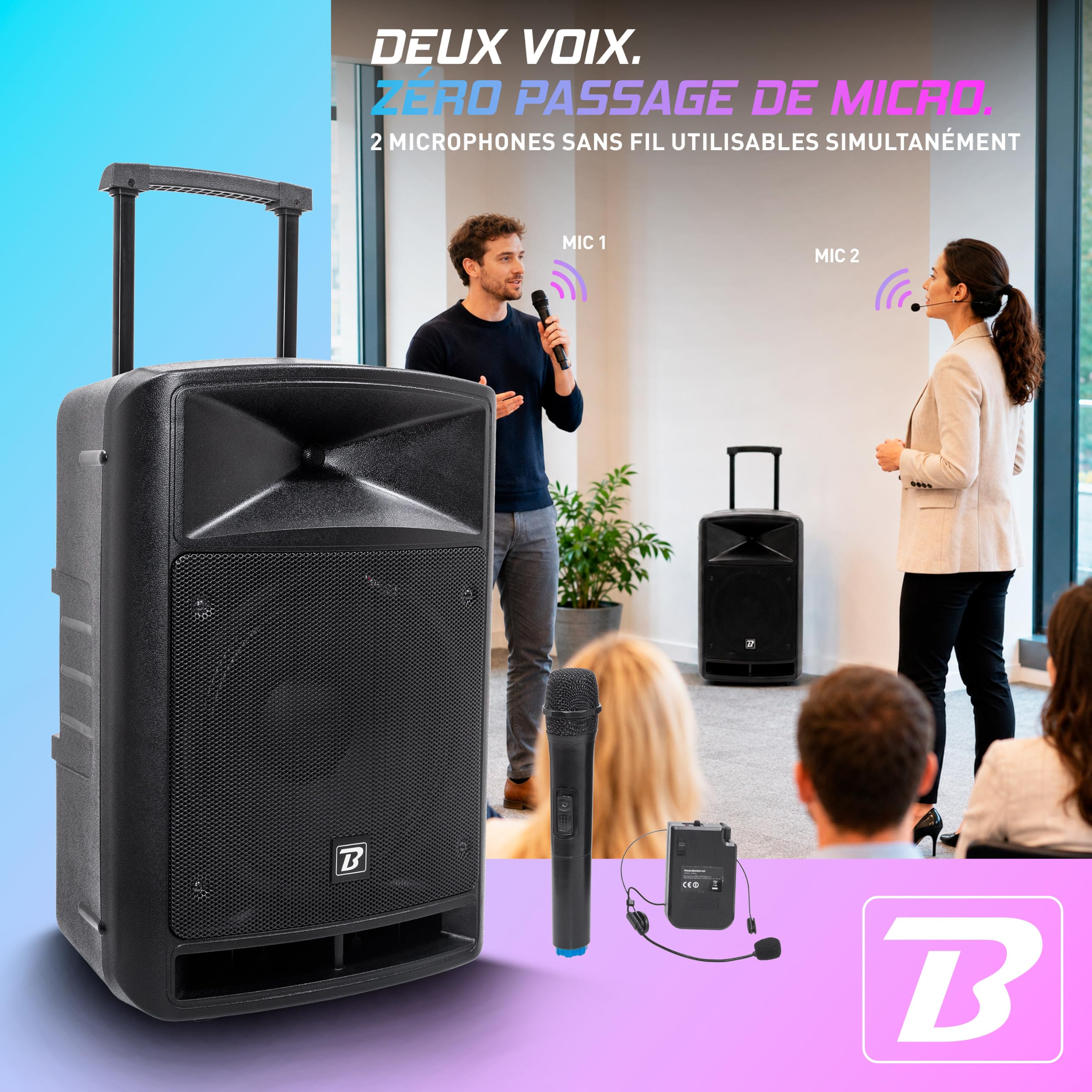 Sistema de Sonido portátil Negro 600W con Bluetooth, BoomTone DJ TRAVELSOUND12-VHF. Lector USB, SD y micrófono de Mano y Diadema VHF incluidos. Ideal para DJ, Karaoke, espectáculos callejeros y