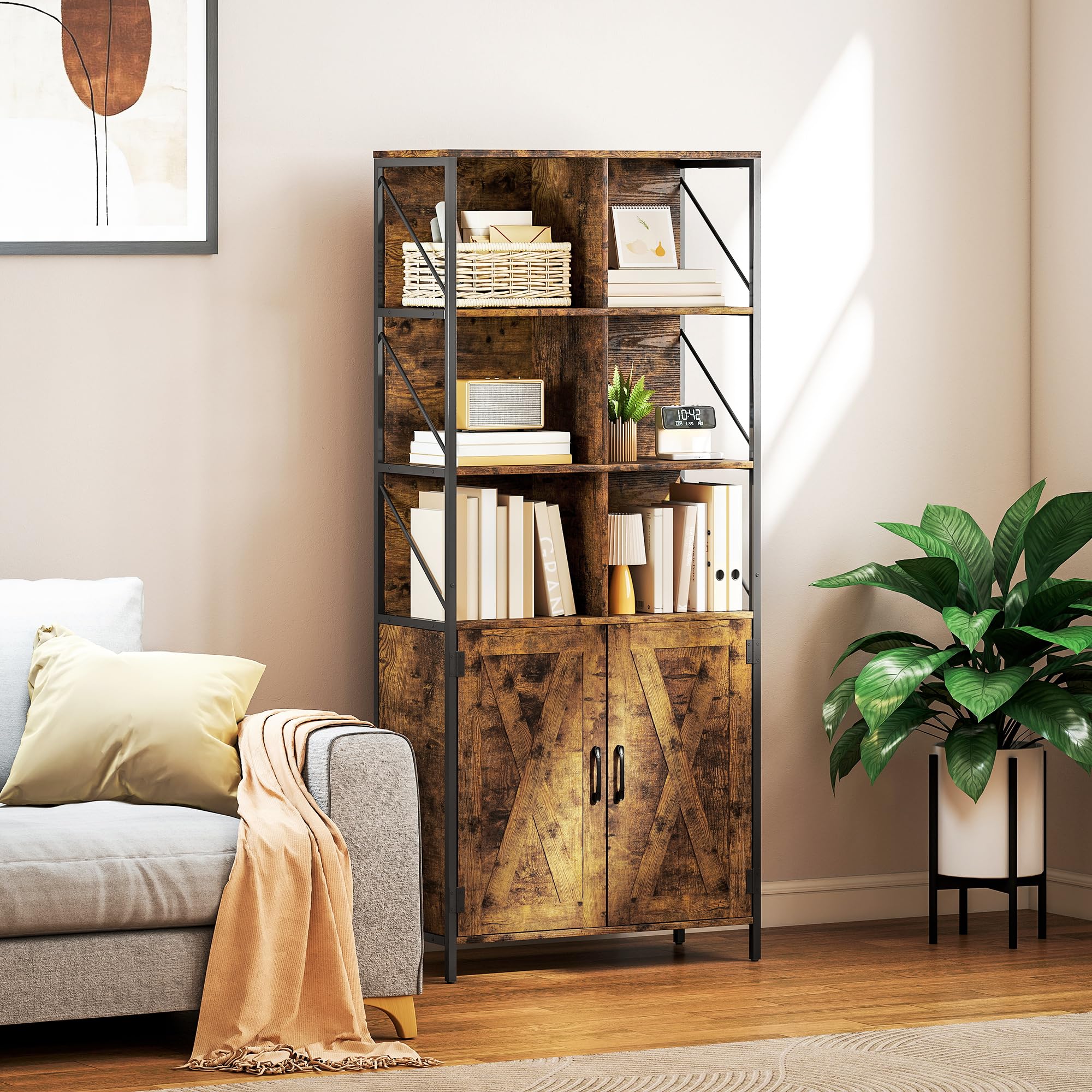 HOMCOM Librería de 6 Niveles Estilo Industrial 75x34x172 cm Marrón Rústico | Estantería de Libros Organizador, 6 Compartimentos Abiertos, 2 Puertas, Estante Ajustable, Salón Oficina Dormitorio