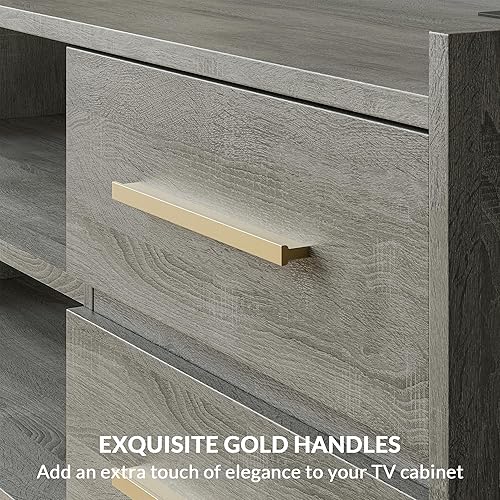 Miniatura 6 de BELLEZE Soporte de TV de 66 pulgadas para televisores de hasta 75 pulgadas, centro de entretenimiento con luz LED con toma de corriente, 4 cajones y