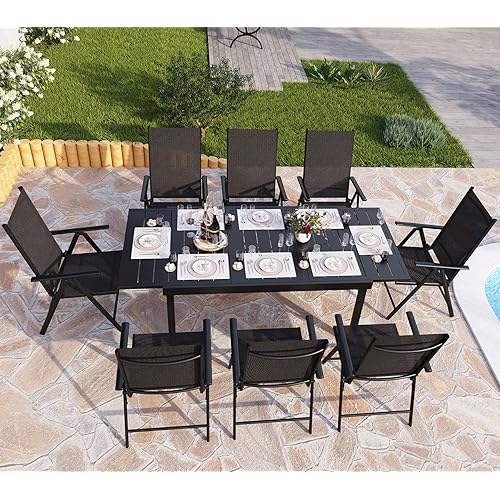 PHI VILLA Outdoor Dining Set with Patio Table and Chairs Set of 8, Patio Dining Furniture Set with Adjustable Foldable Patio Chairs & Metal Steel Table for Garden,Yard and Deck, Black