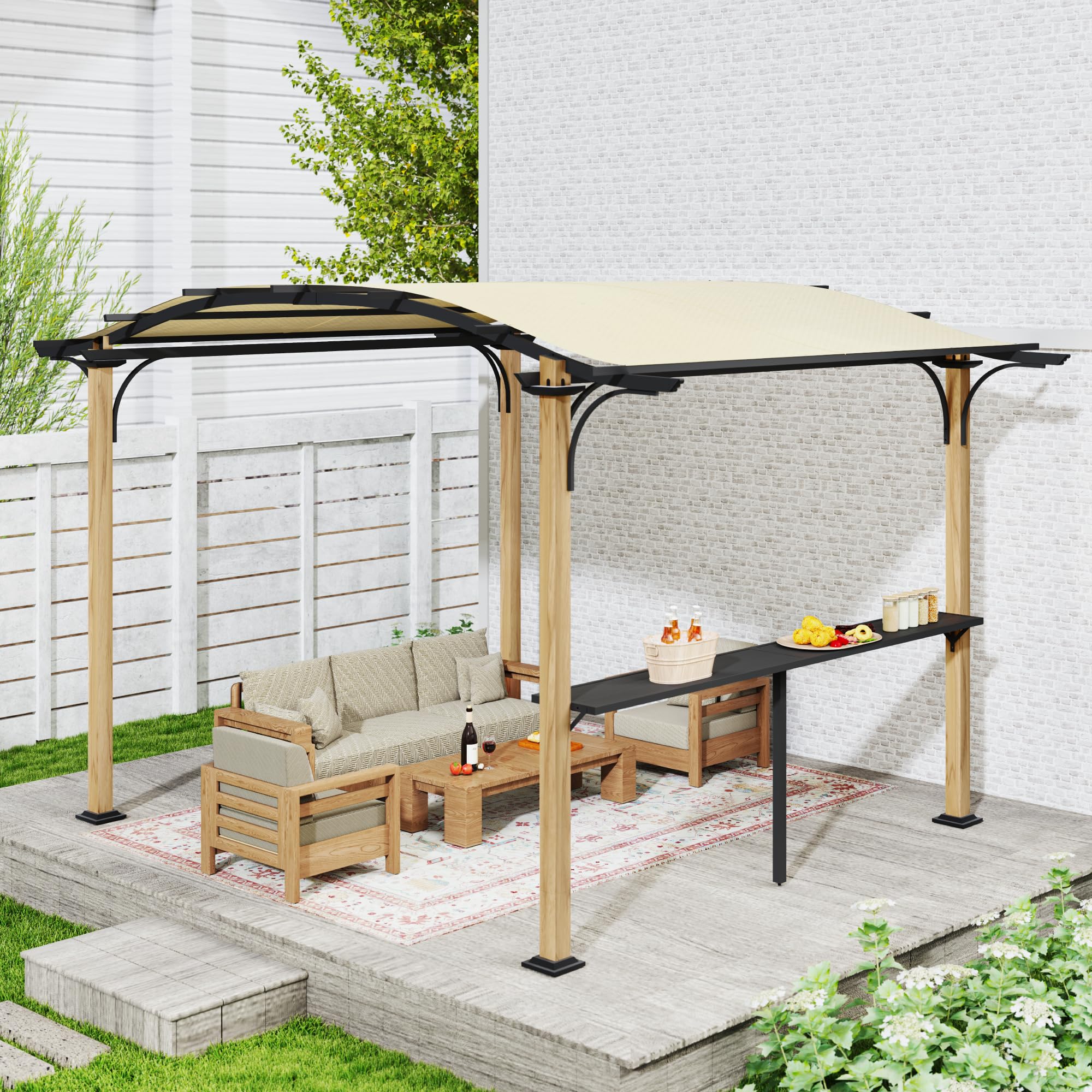 LUXIJOY 10' x 13' Arched Top Outdoor Pergola, Aluminum Frame Gazebo with Storage Shelf, Wood-Like Frame Patio Pergola Shade for Patio, Backyard,
