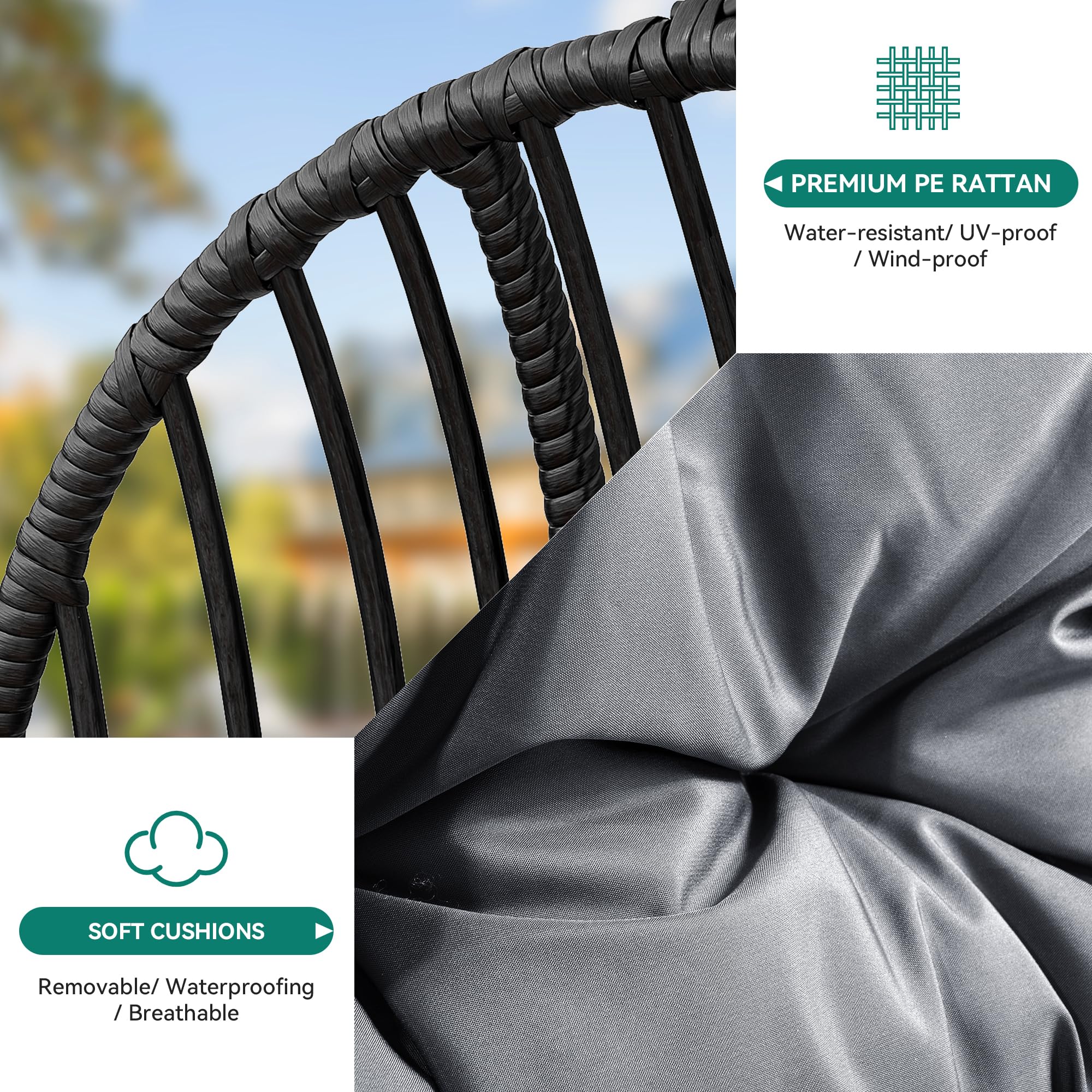 YITAHOME Silla Colgante de Ratán (150 kg), con Cojín y Portavasos, Gris