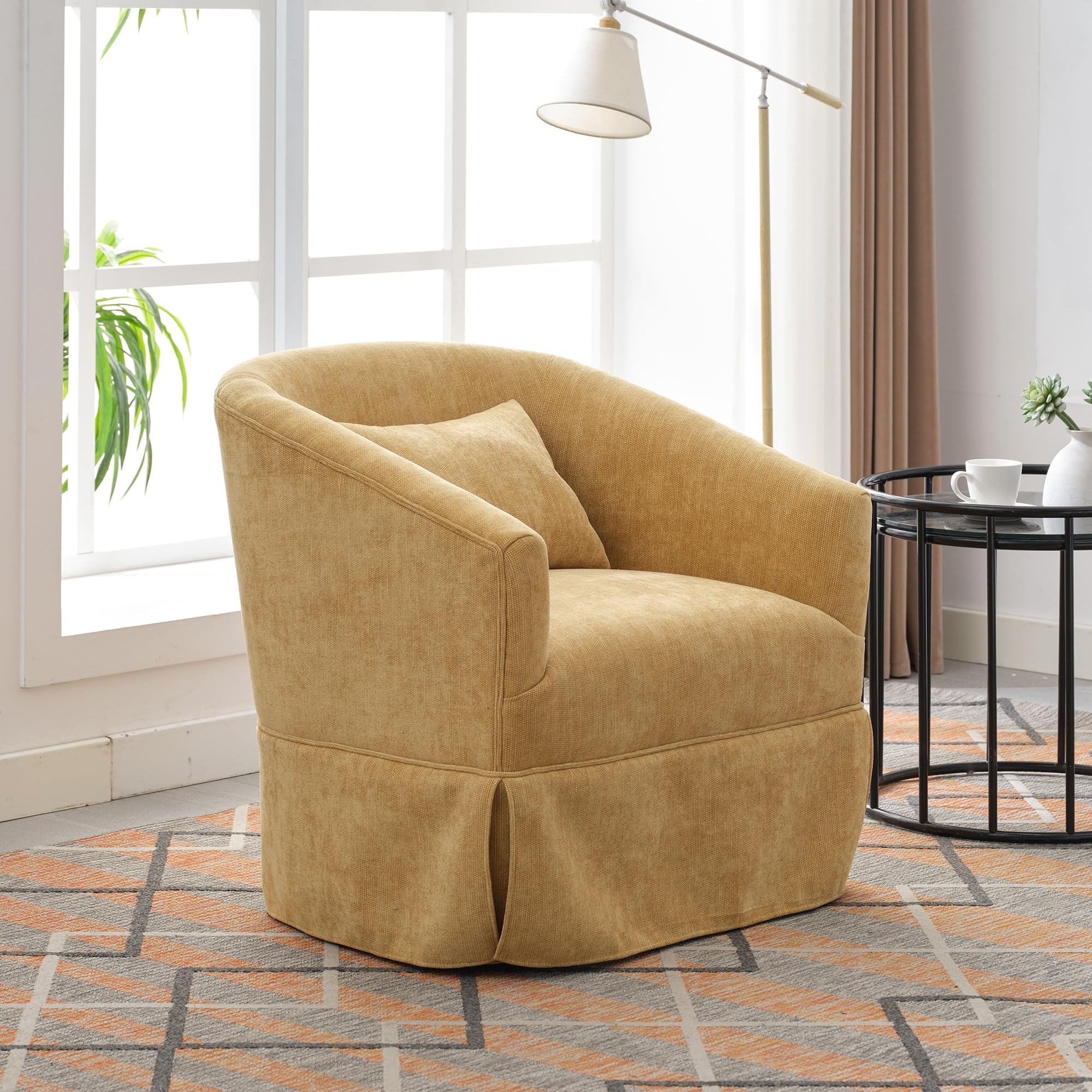 Swivel Accent Armchair Linen Blend Yellow Solid Mid-Century Modern Pattern Fabric Padded Seat