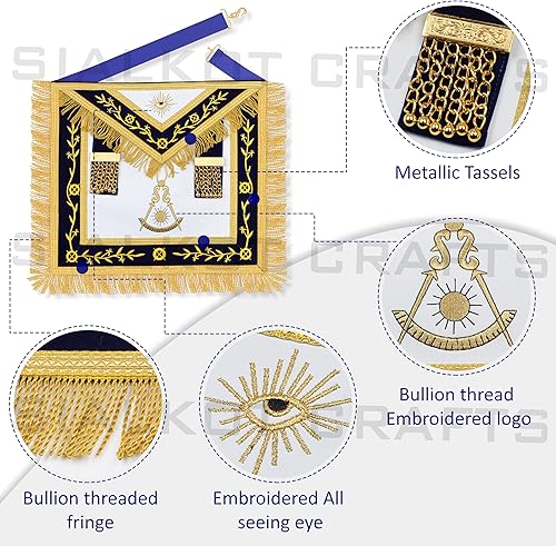 Miniatura 2 de SialkotCrafts Delantal Masónico Bordado Past Master Delantal Azul Real Con Franja Dorada, Azul Real