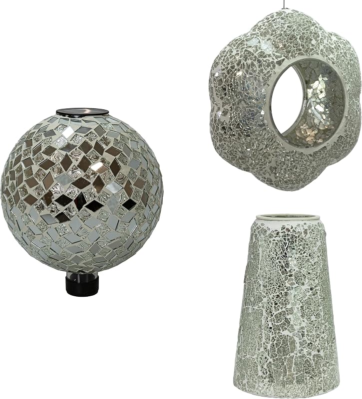 Sunnydaze Mirrored Diamond, Solar Gazing Globe, Stand and Bird Feeder Set