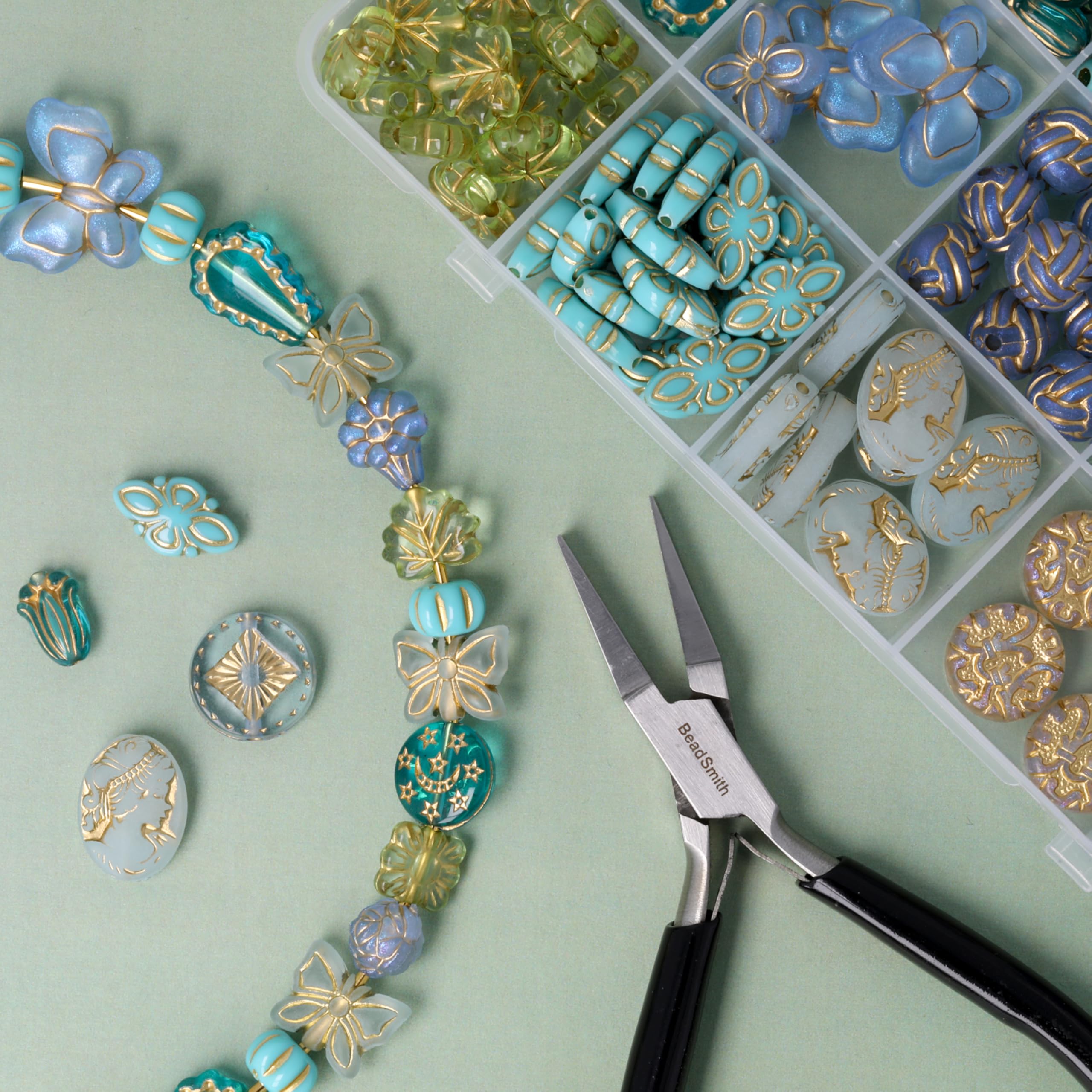 The Beadsmith Zestaw koralików akrylowych – niebieskie i imitujące złoto, mieszane koraliki, ok. 280 szt., 19 kształtów (6,3–17,5 mm), zestaw do tworzenia biżuterii i bransoletek