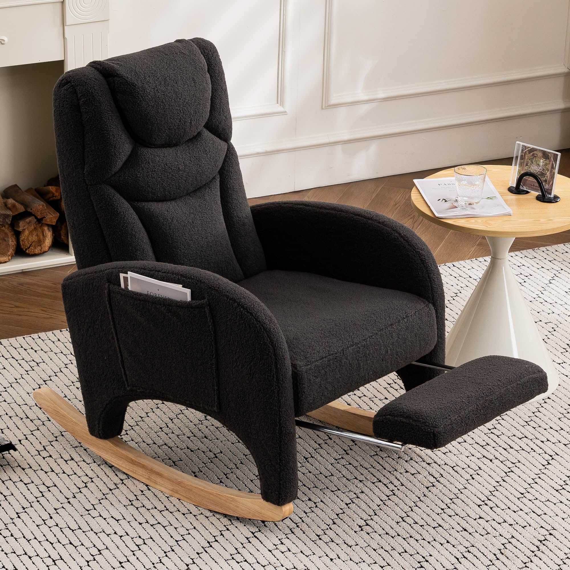 DEKKETO Teddy Schaukelstuhl mit Hocker und Kopfstütze, Stillsessel mit Fußstütze, Großer Sessel zum Stillen, Bequem Lesesessel Holz für Wohnzimmer Schlafzimmer