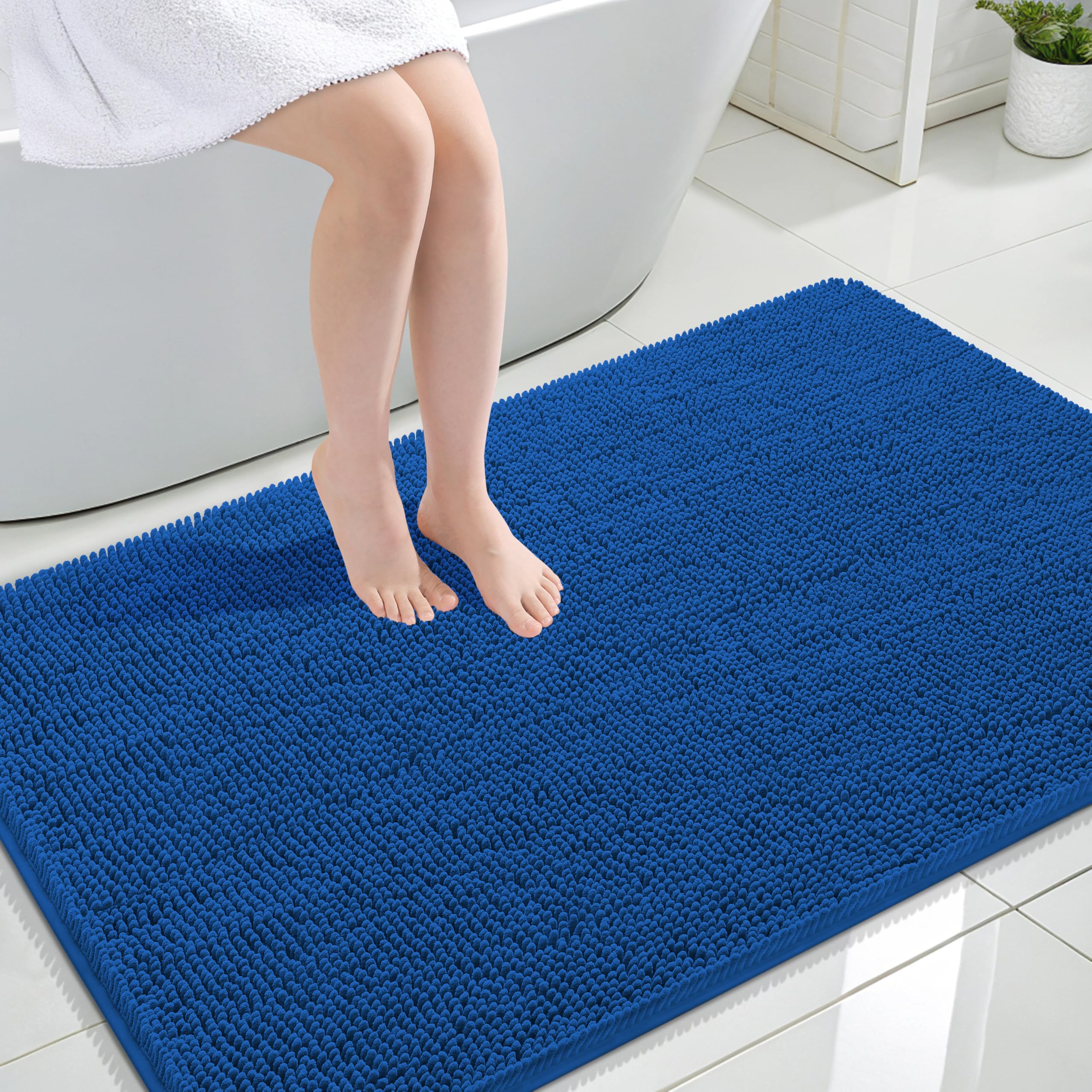 OLANLY Large Bathroom Rugs 47x32, Extra Soft Absorbent Chenille Bath Rugs | Deep Navy Blue, Quick-Drying Rubber Backing, Washable Bath Mat for Bathroom Floor, Tub and Shower, Home Decor Accessories