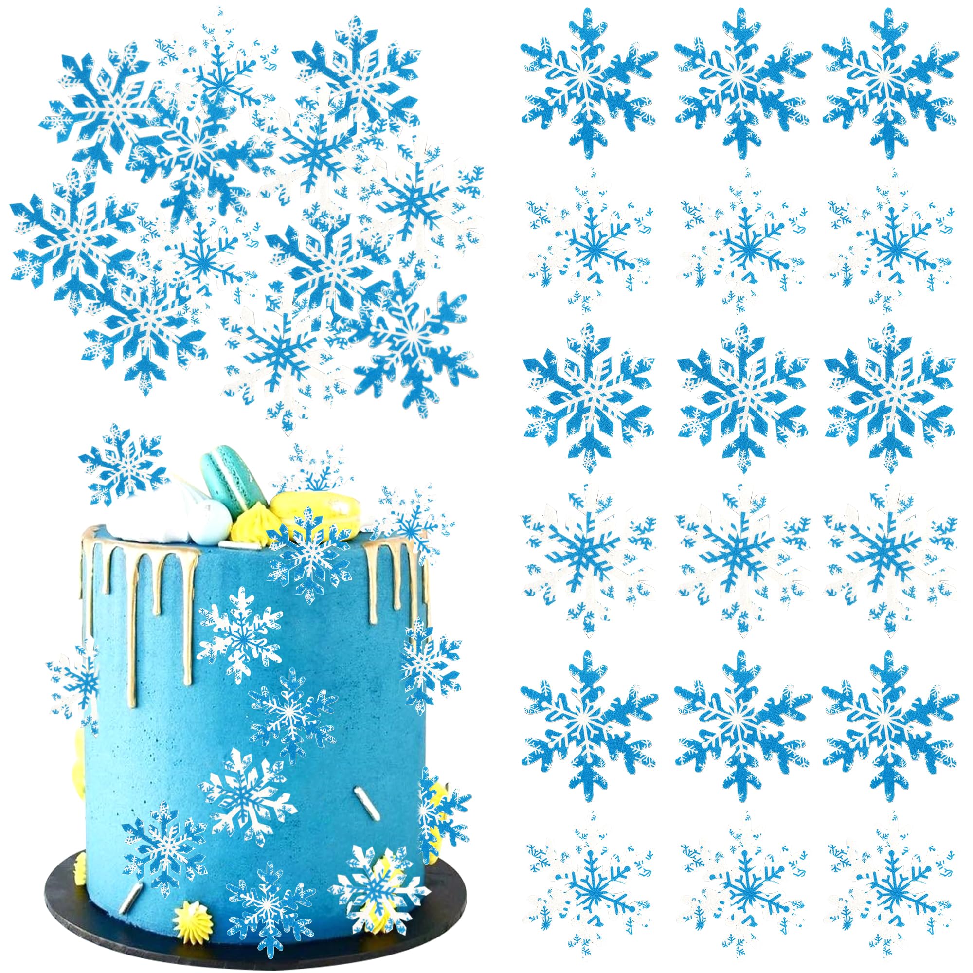 Xsstarmi 60 Pack Edible Snowflakes Cupcake Toppers Rice Paper Winter Frozen Theme Snowflakes Cupcake Picks for Baby Shower Birthday Christmas Party DIY Cake Decorations Supplies Blue