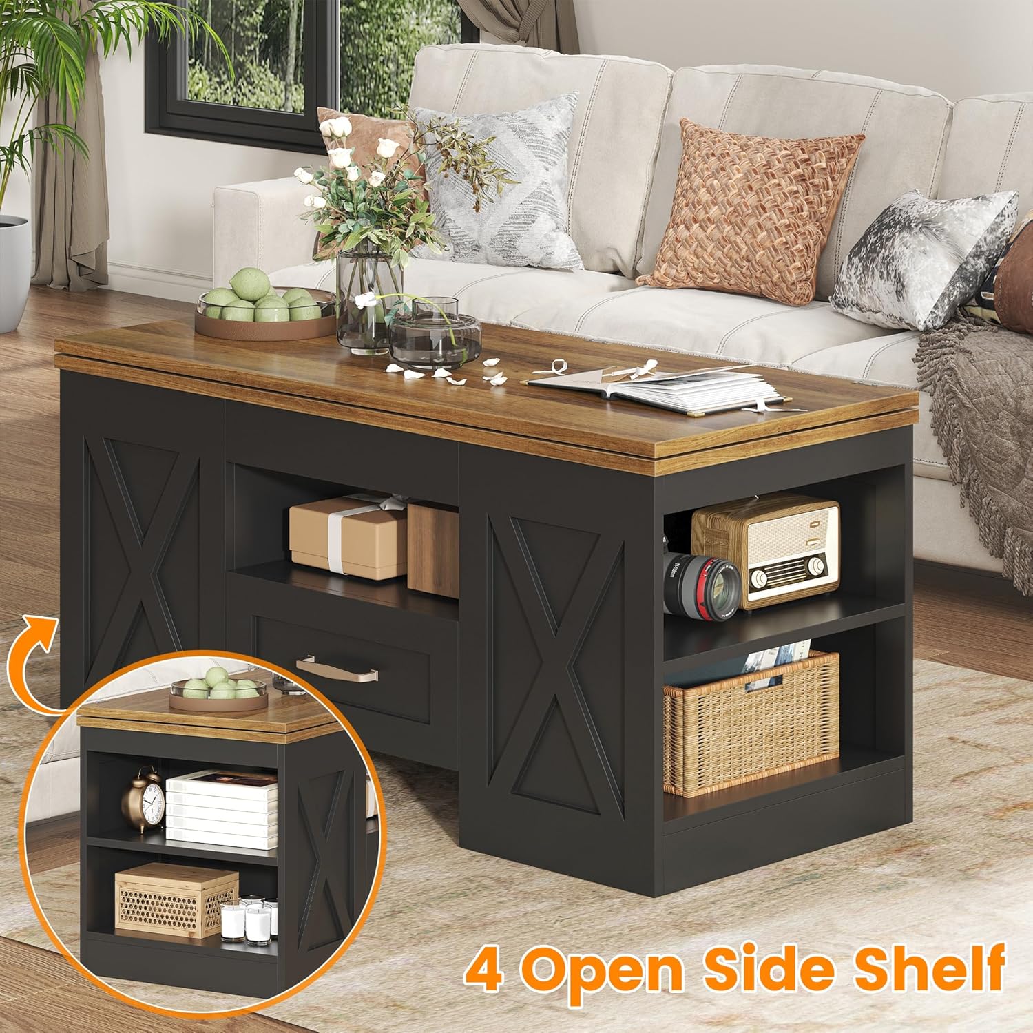 kepptory 39.4'' Lift Top Coffee Table with Storage, 4 in 1 Multi-Function Convertible Coffee Tables for Living Room, Farmhouse Coffee Table with Open Storage Compartment & Drawers (Brown&Black)
