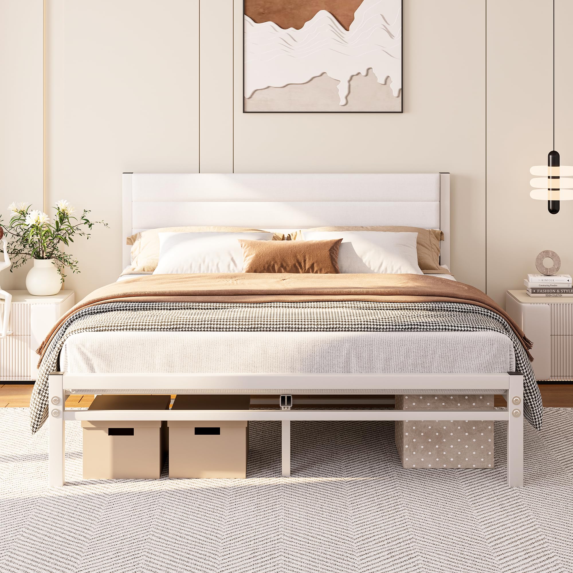 JUISSANO Bett 140x200 mit Stauraum und lattenrost,Bettgestell Metallbett 140x200 Bett mit Kopfteil,Bettrahmen aus Metall,Modern Doppelbett Polsterbett Bed Frame Weiß