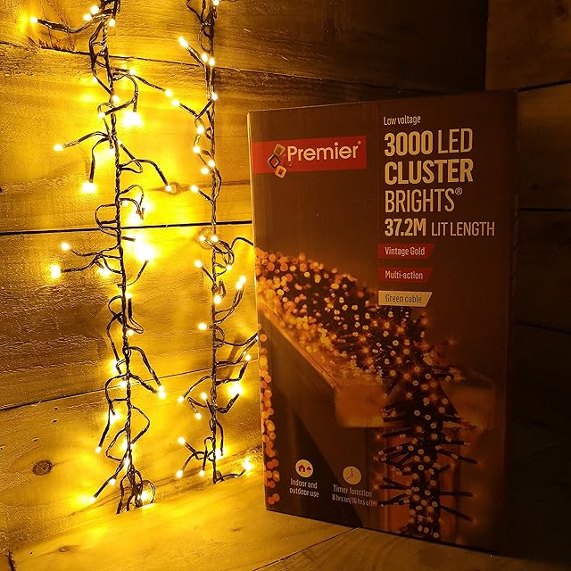 Premier 37.2m 3000 Vintage Gold LED Multi-Action Cluster Brights with 8 Hour Timer Indoors Outdoors