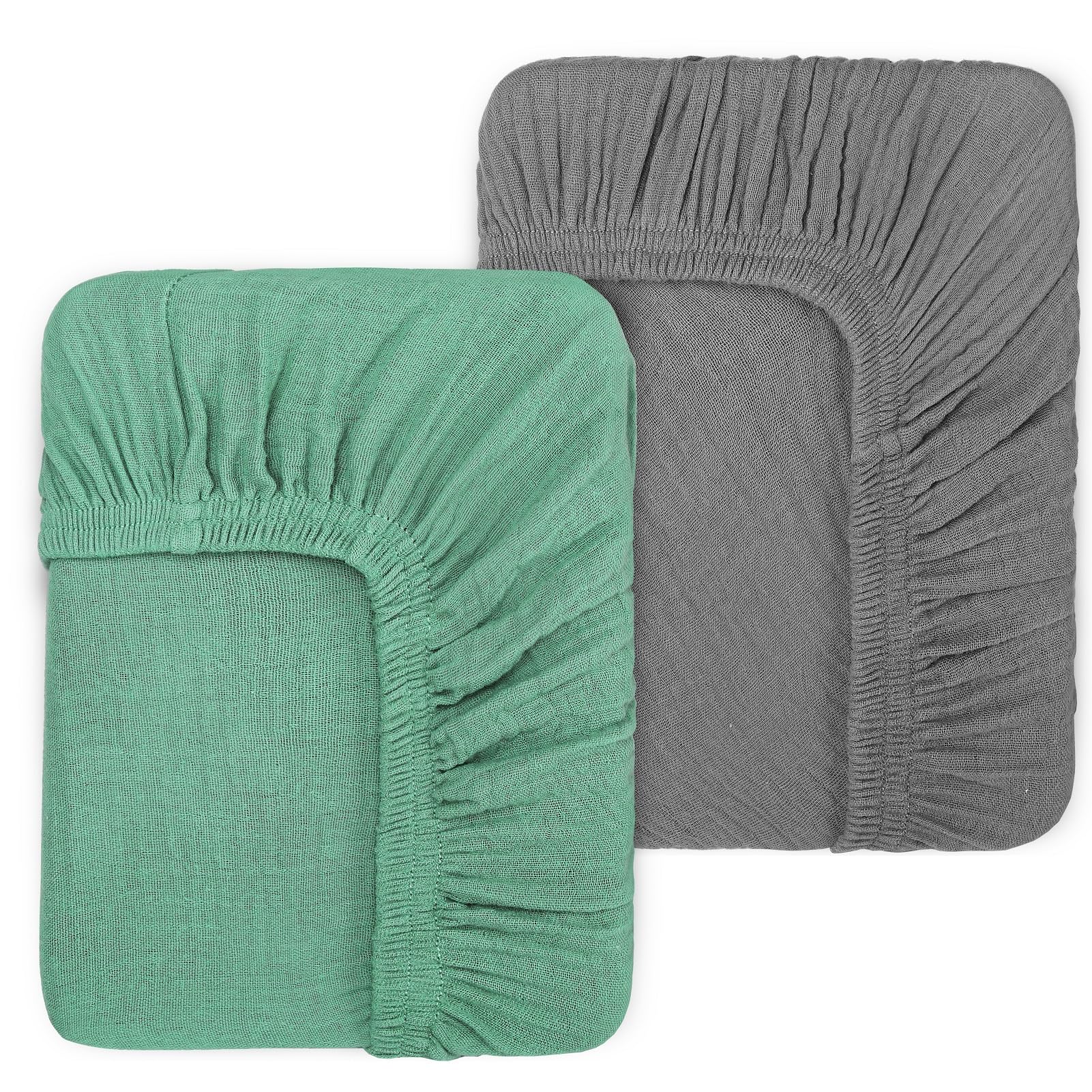 Photo 1 of 2 Pack Muslin Crib Sheets for Standard Crib Mattress 52" x 28", Green/Grey