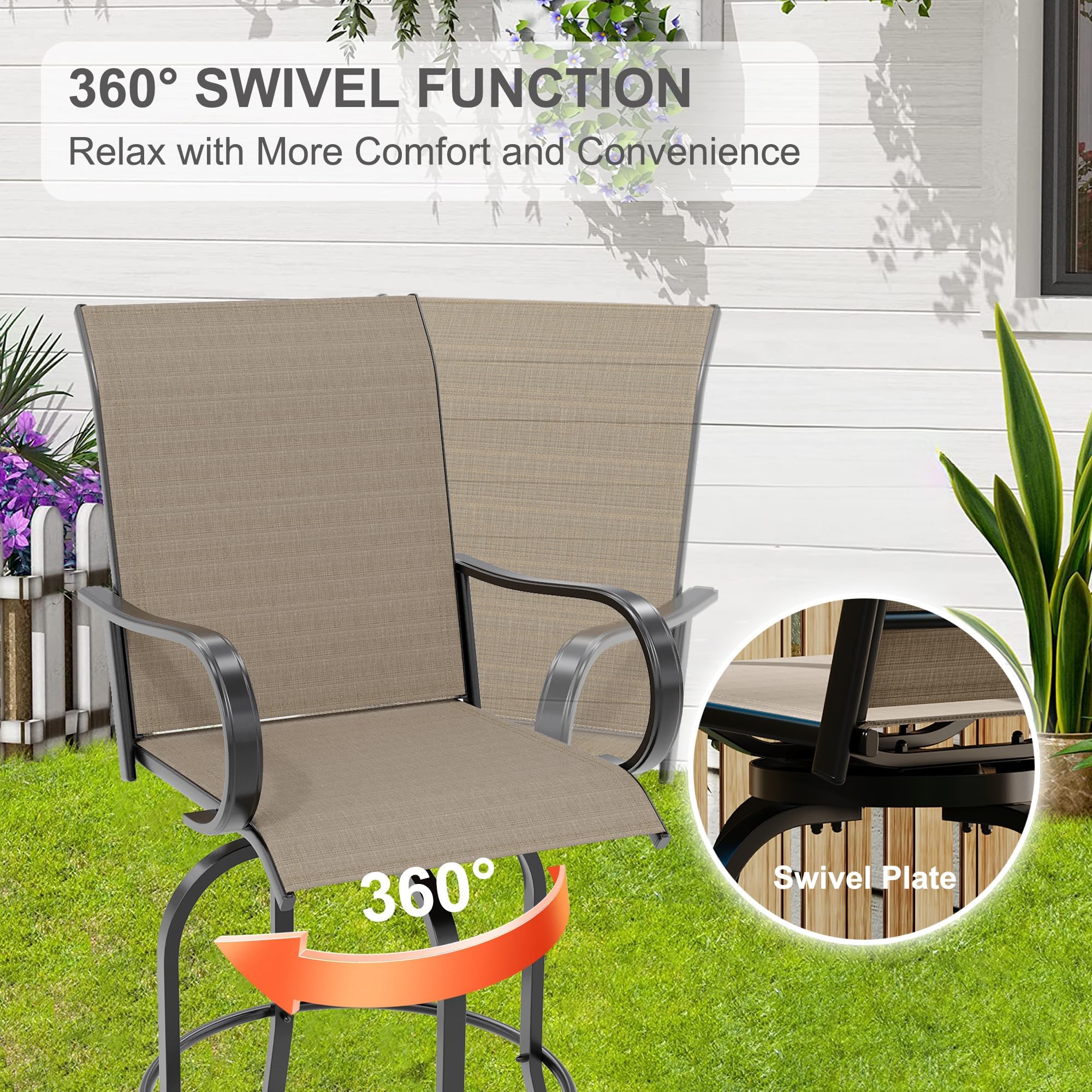 Garvee Ensemble De Bar De Jardin, Table Haute Carrée en Verre Trempé, Tabourets Pivotants, Mobilier Extérieur Résistant Intempéries, Idéal pour Terrasse, Balcon, Jardin, Piscine