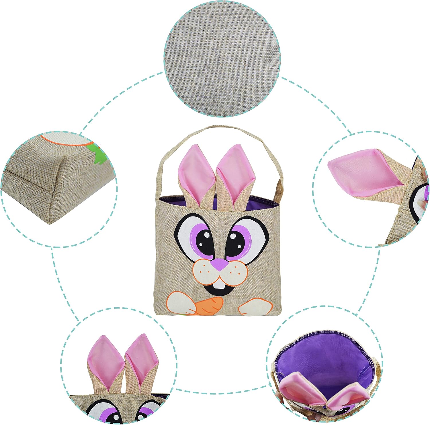 3 Pcs Easter Bunny Tote Bags Easter Canvas Jute Bags for Easter Eggs Hunt, Easter Basket, Easter Party Gift Goodie Bags with Handles for Easter Egg Hunt, Easter Kids Party Favor Supplies