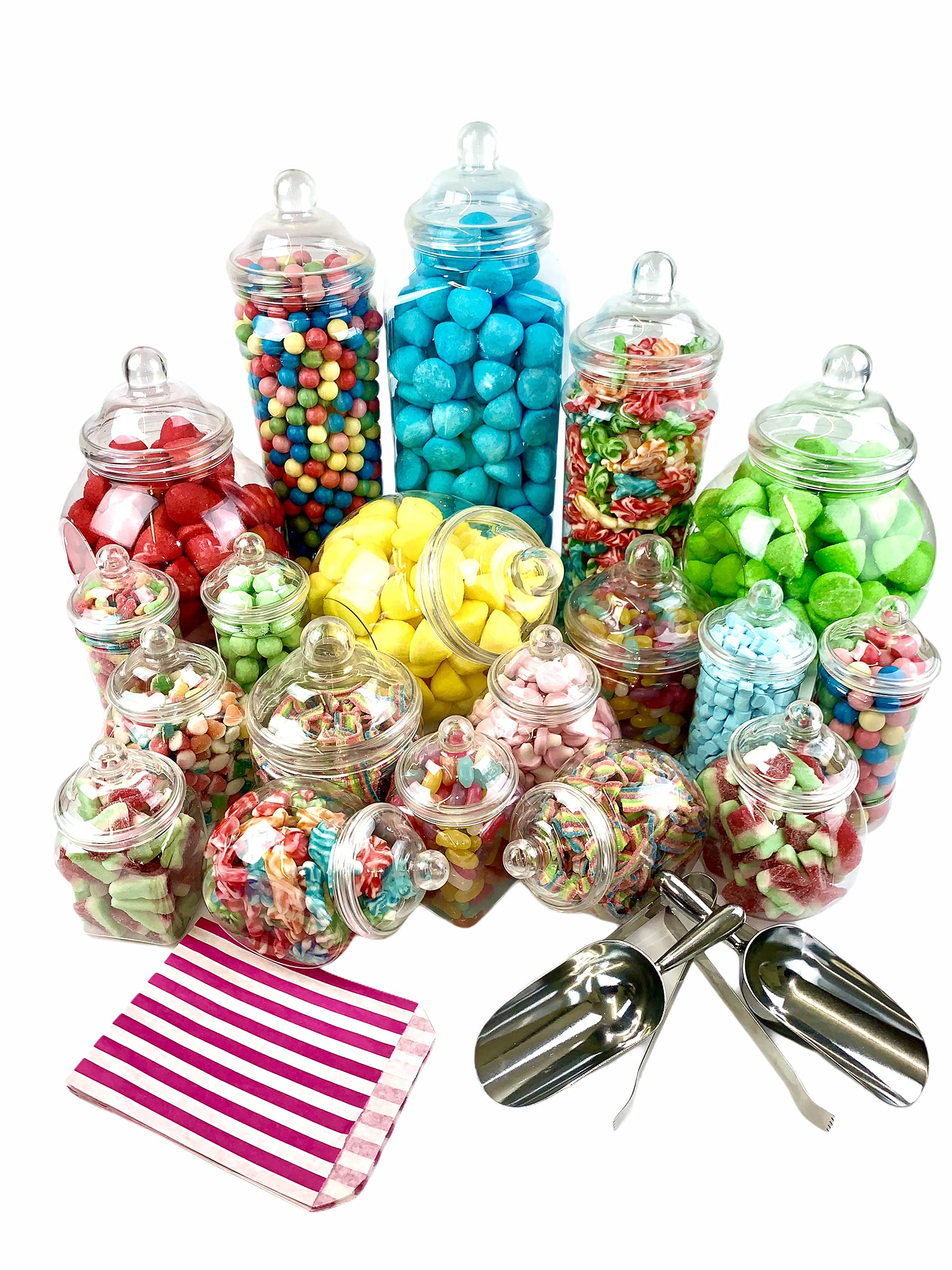 19 Empty Jars Vintage Victorian Pick & Mix Sweet Shop Candy Buffet Kit Party Pack - 2x Scoop 2x Tongs 100x Pink Stripe Bags