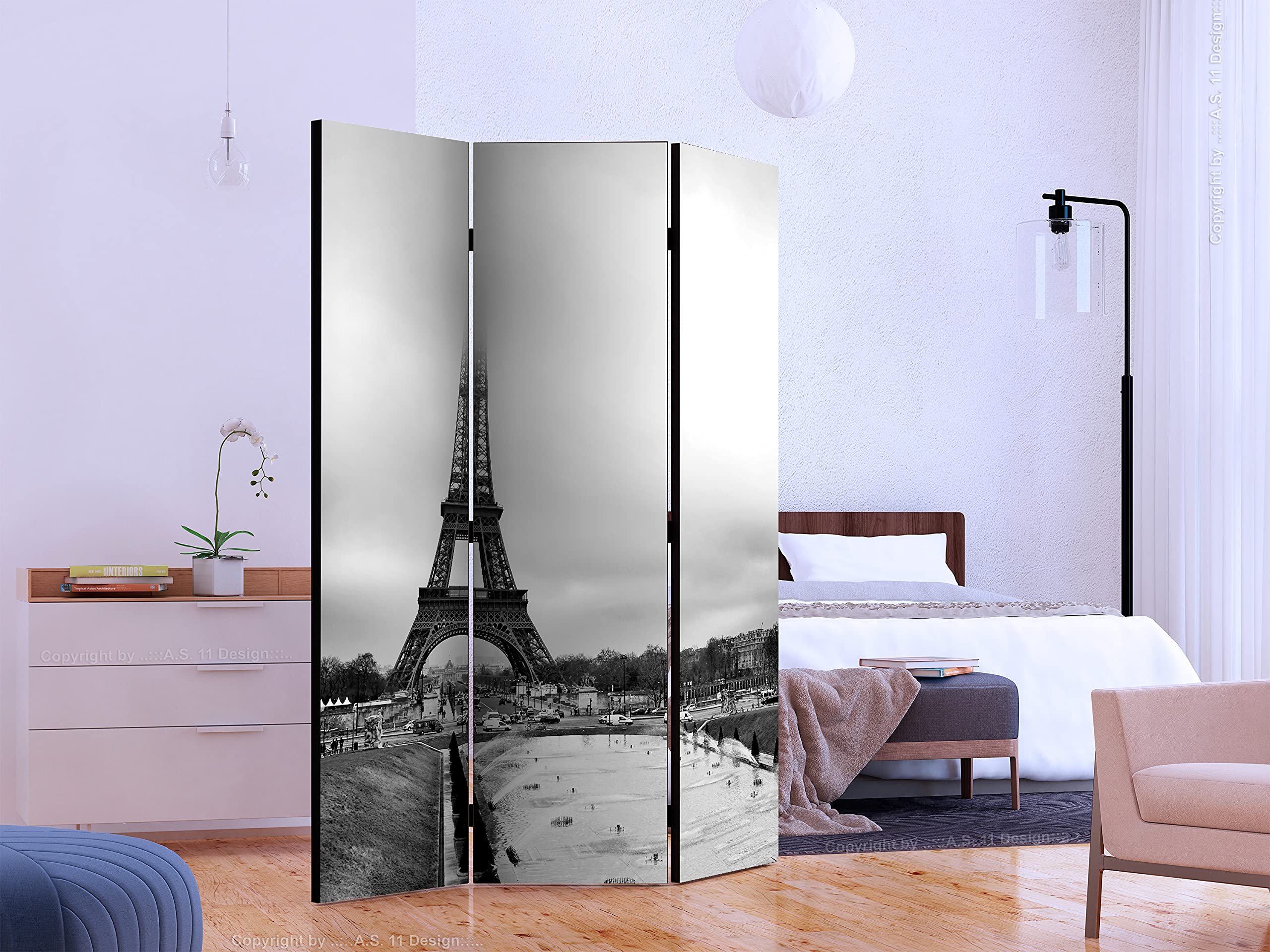 murando - Paravent intérieur à Deux côtés 135x172 cm - Séparateur de pièce en Bois Naturel avec Toile imprimée, Portable et Pliable - Photographie d'architecture Paris Tour Eiffel d-C-0156-z-b