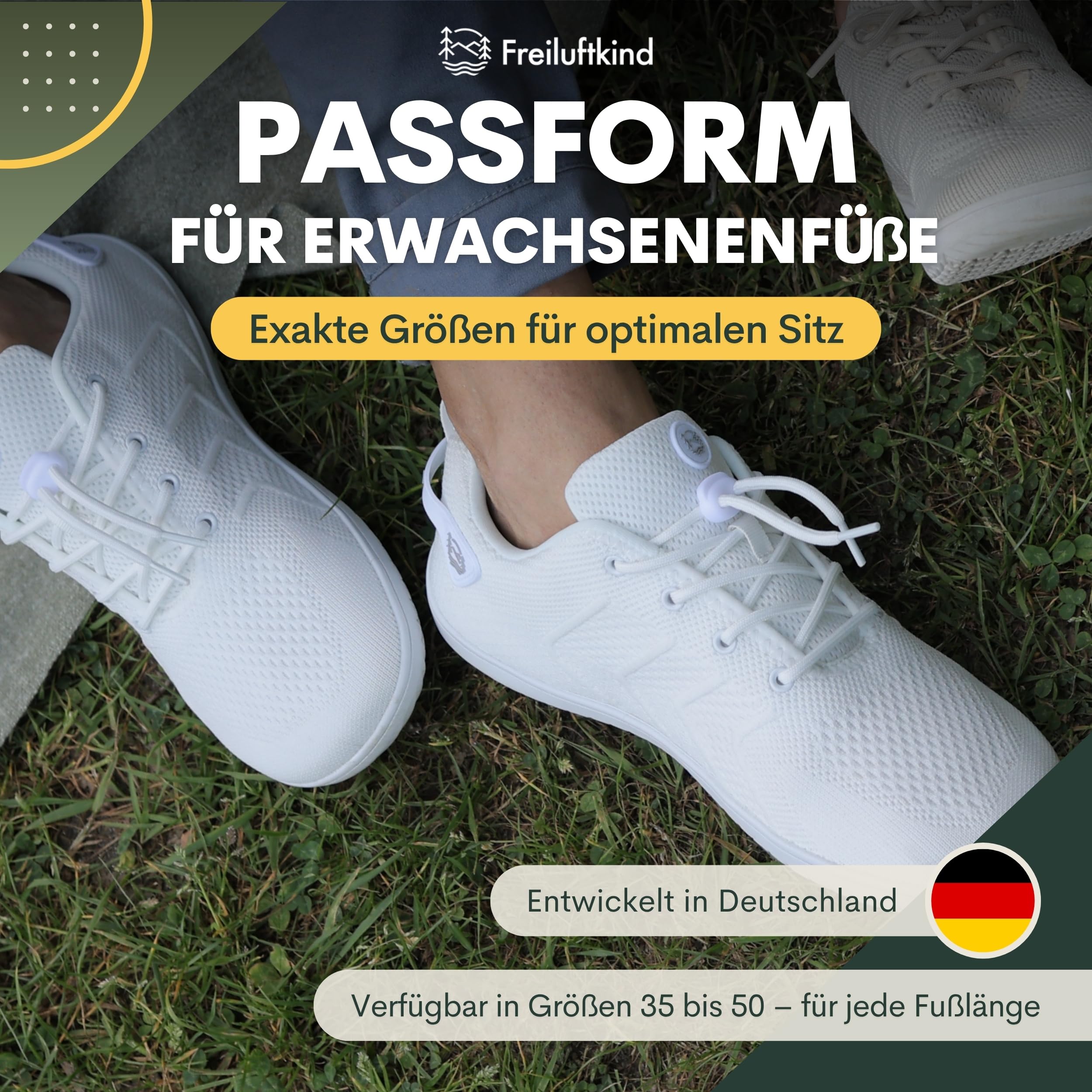 Freiluftkind Das Original Camino – Sportliche Sneaker Barfußschuhe (Wei-/ Gr. 35-49) – Unisex Barfußschuh für Bewegung und Dynamik – Mit innovativer und atmungsaktiver Webstruktur
