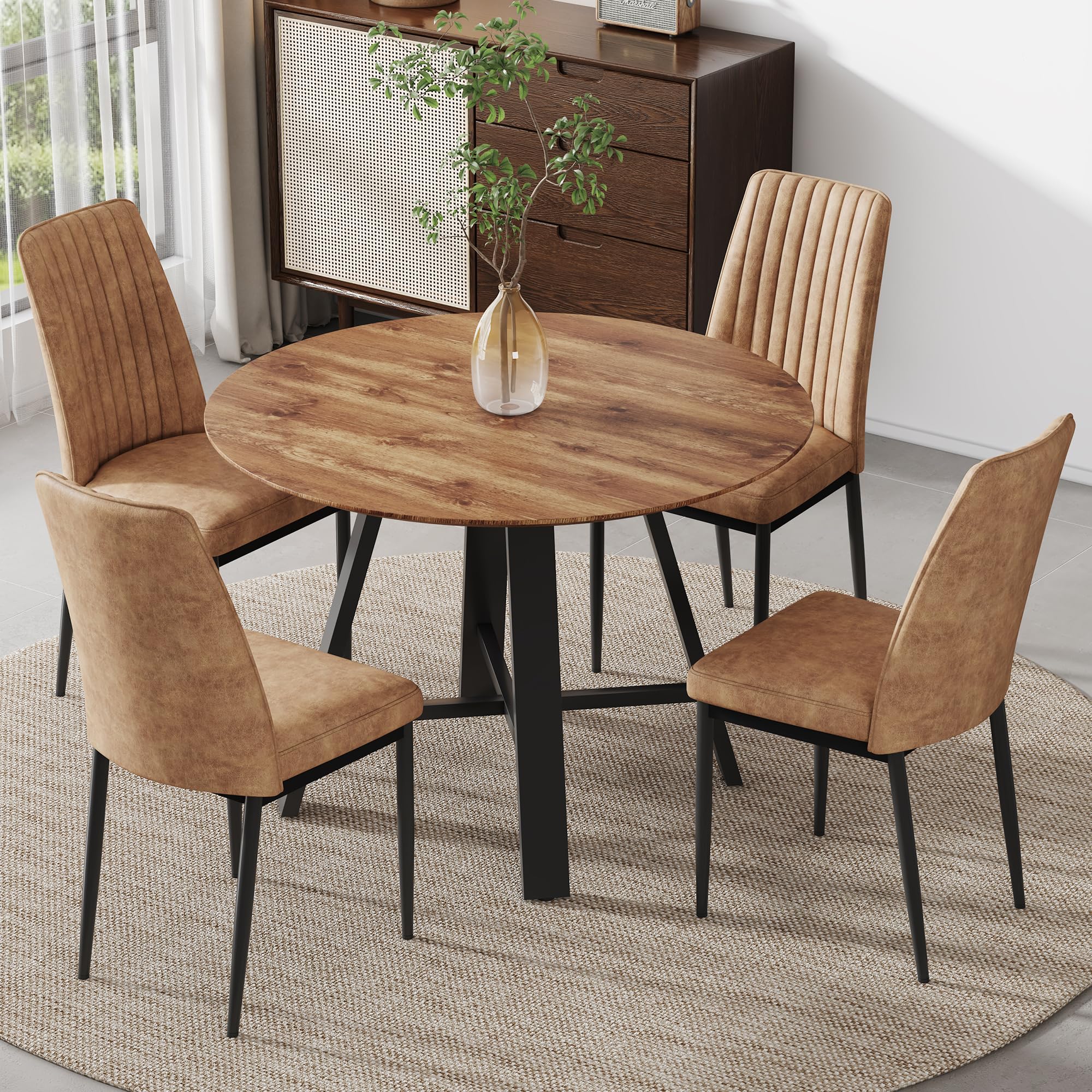 Btikita 42" Round Dining Table Set for 4, Modern Kitchen Table Chairs Set for 4 Wooden Dining Table Upholstered Chair with Metal Legs for Dining Room,