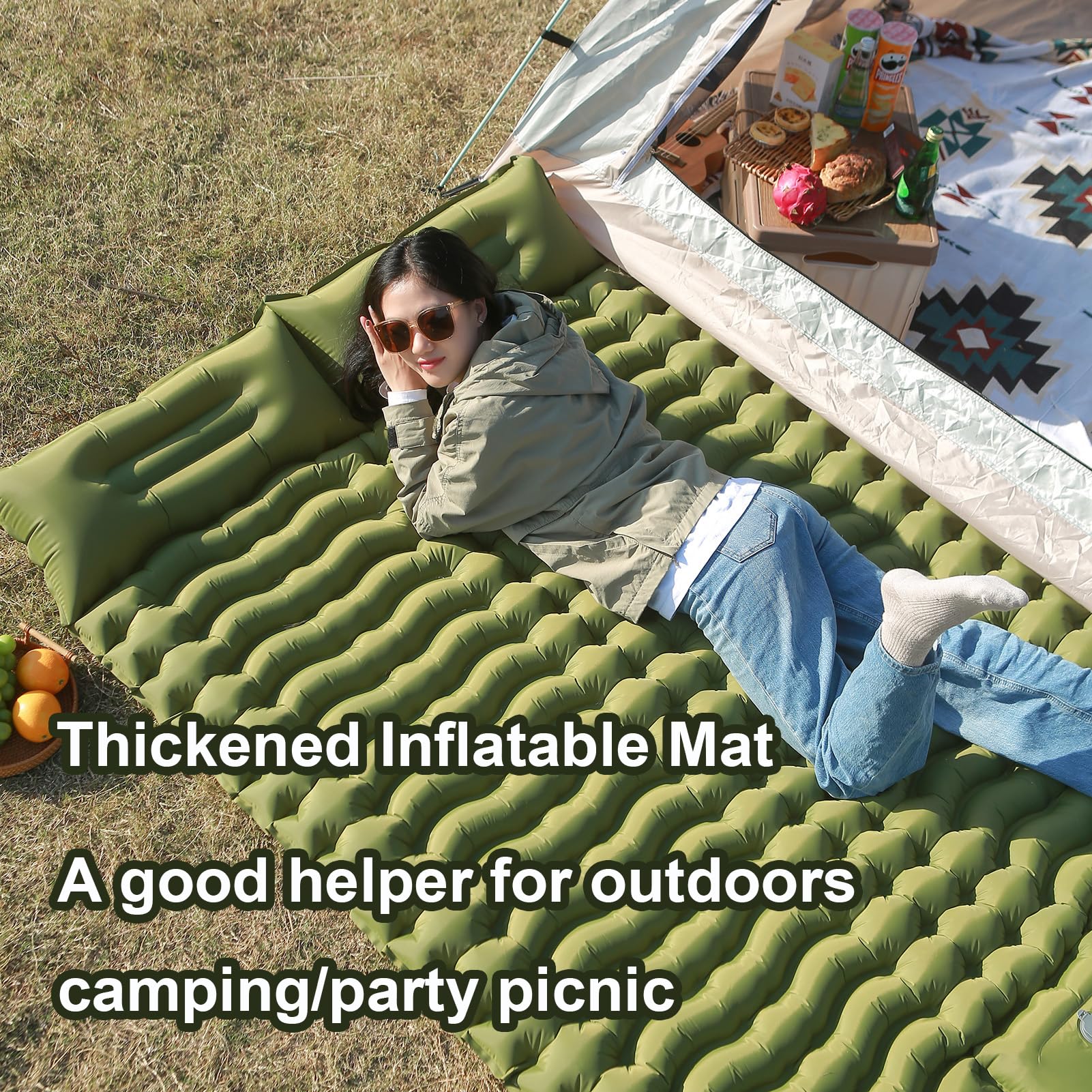 Camping-Isomatte, 10,2 cm dick, für 2 Personen, 3D-Wellpappe, feuchtigkeitsbeständige Unterlage, aufblasbare Isomatte zum Wandern, Reisen, Zelten