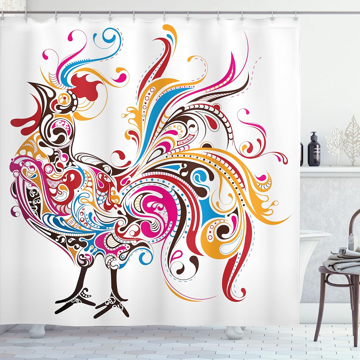Ambesonne Gallus Shower Curtain, Colorful Ornamental Cock with Classic Curved Lines Paisley Animal Artwork, Cloth Fabric Bathroom Decor Set with Hooks, 69" W x 75" L, Magenta Yellow
