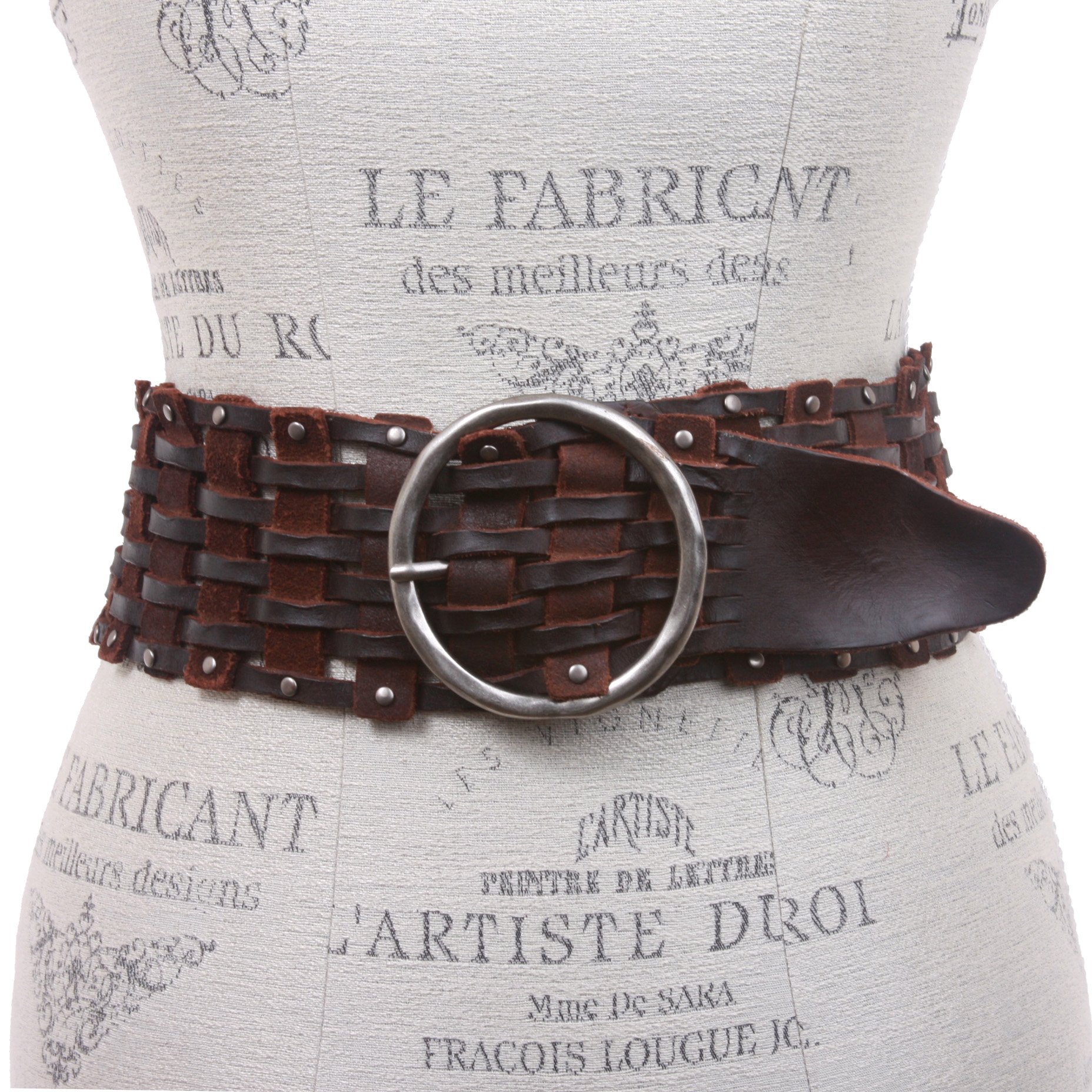 Cinturón redondo de piel para mujer, 7,6 cm de ancho, perforado, trenzado, estilo vintage, tejido macizo - Marrón - Small/Medium 69/79 cm
