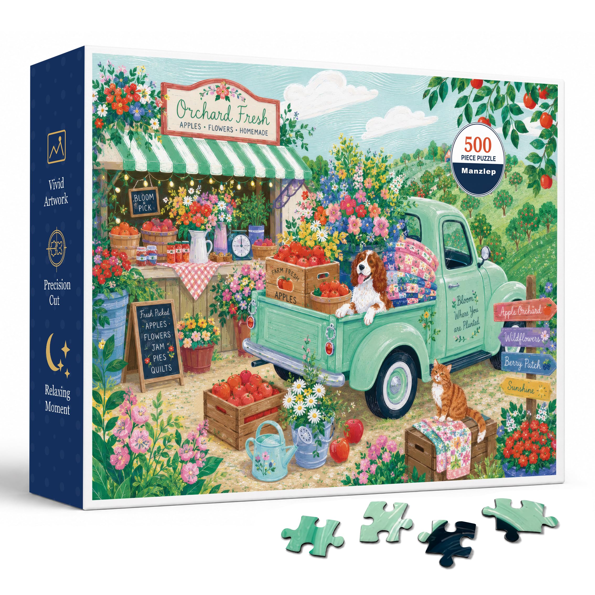 Orchard Fresh Market 500 Piece Jigsaw Puzzle for Adults, Cottage Garden Farm Stand Scene with Apples, Flowers, Mint Vintage Truck, Quilts, Rolling Hills, and Cheerful Hand Painted Country Artwork