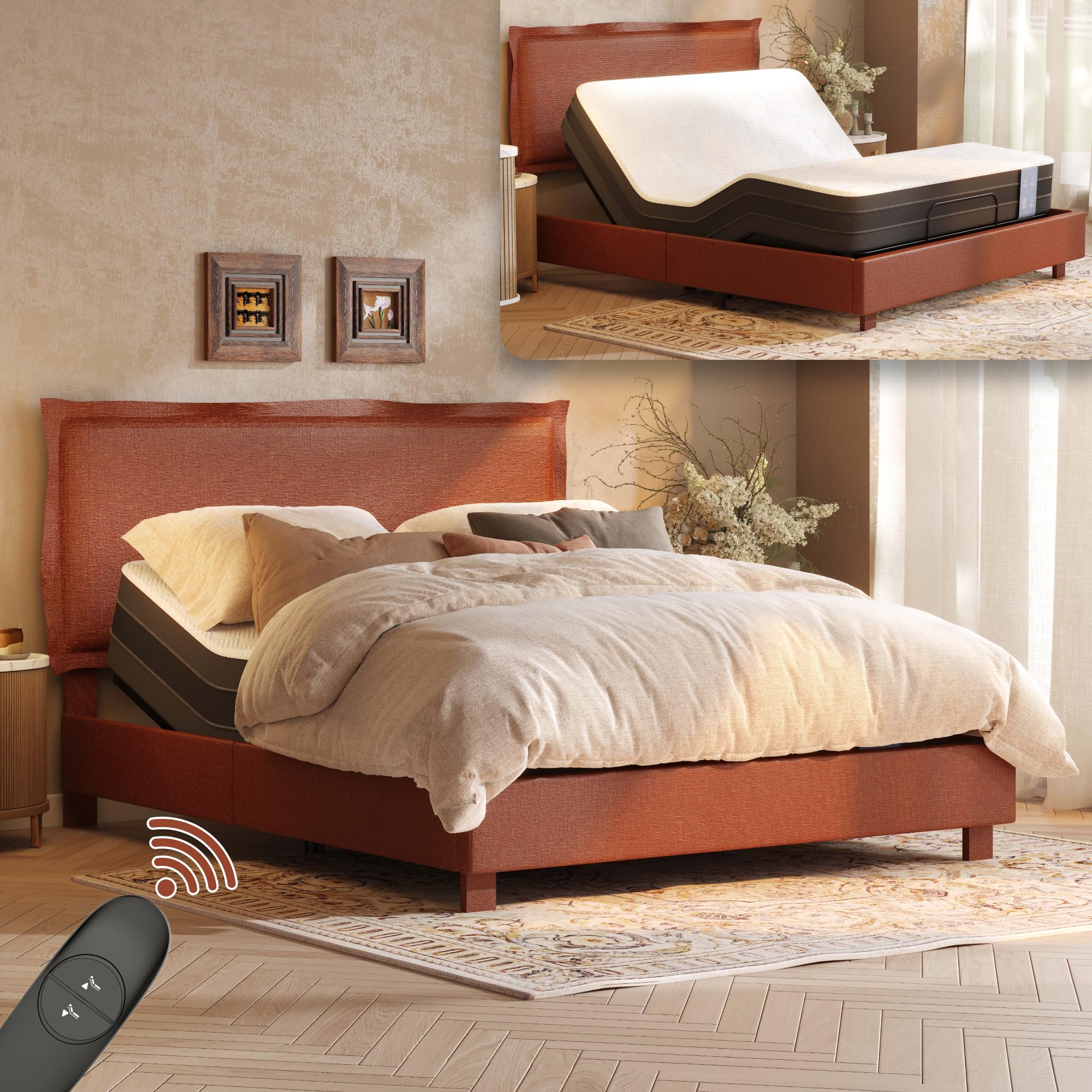 FLEXISPOT All-in-One Adjustable Bed Frame with Upholstered Flange Edge Headboard & Bamboo Mattress–Queen,Synchronized Head & Foot Lift for Relaxation–