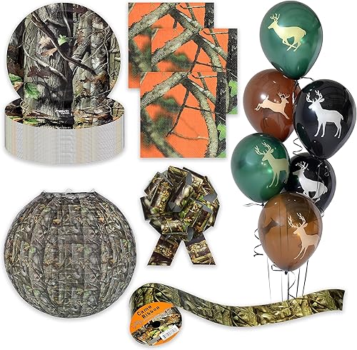 Havercamp Kit de suministros para fiesta de cumpleaños con platos de papel de camuflaje, globos de fiesta, servilletas, cinta, lazo, linterna (por