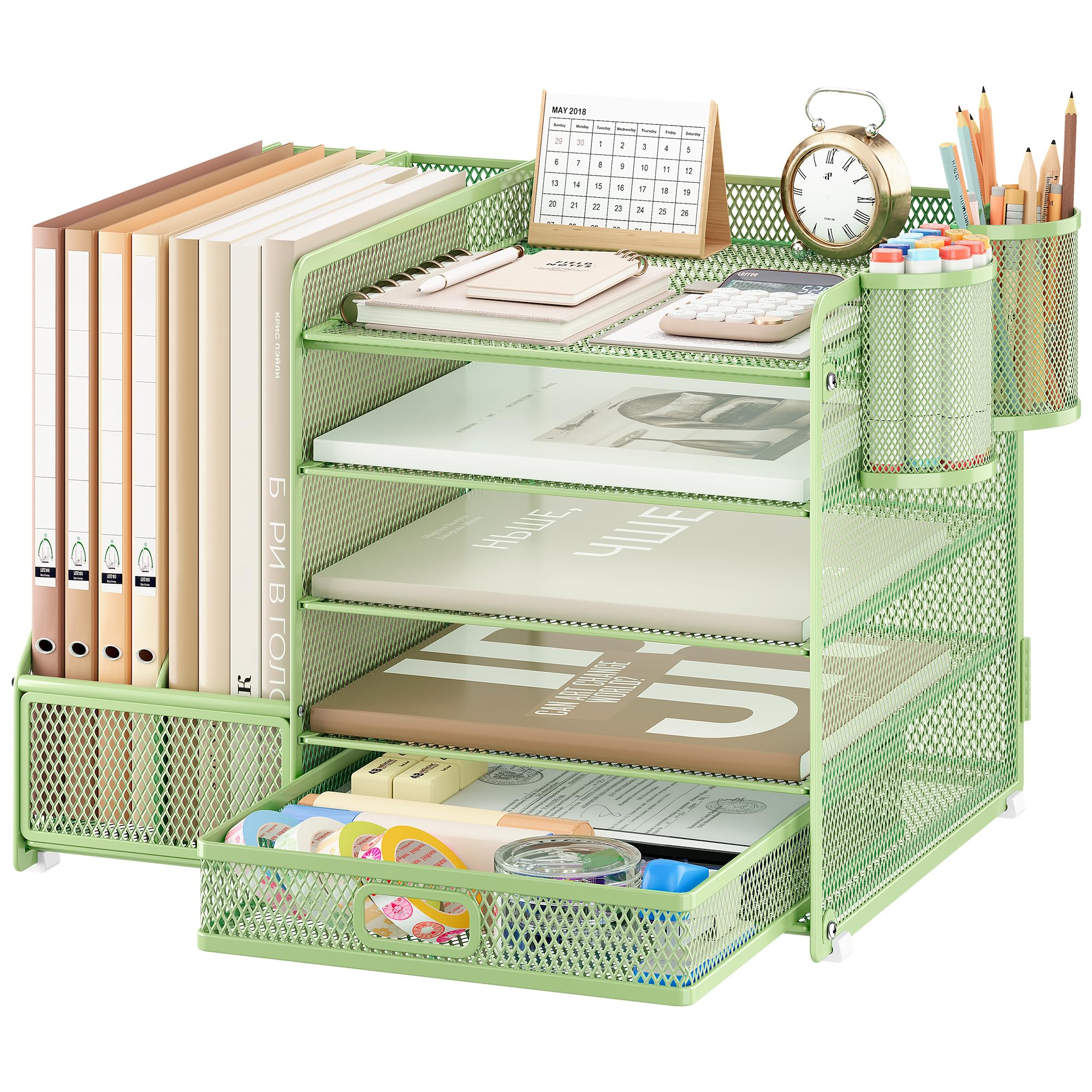 VITVITI Desk Organiser with File Holder, 5 Tier Desk Tidy Organiser with 2 Pen Holders, 2 Paper Tray Storage and Drawer for Magazine, Home, School, Office Stationary Accessories - Green