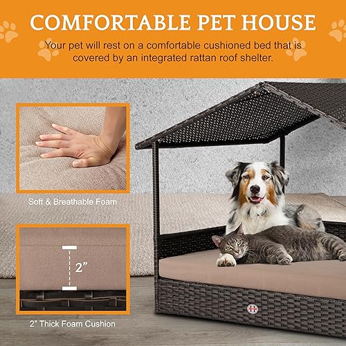 Miniatura 5 de Huntley - Cama elevada de mimbre de ratán para interiores y exteriores, con toldo, funda de cojín resistente a la intemperie