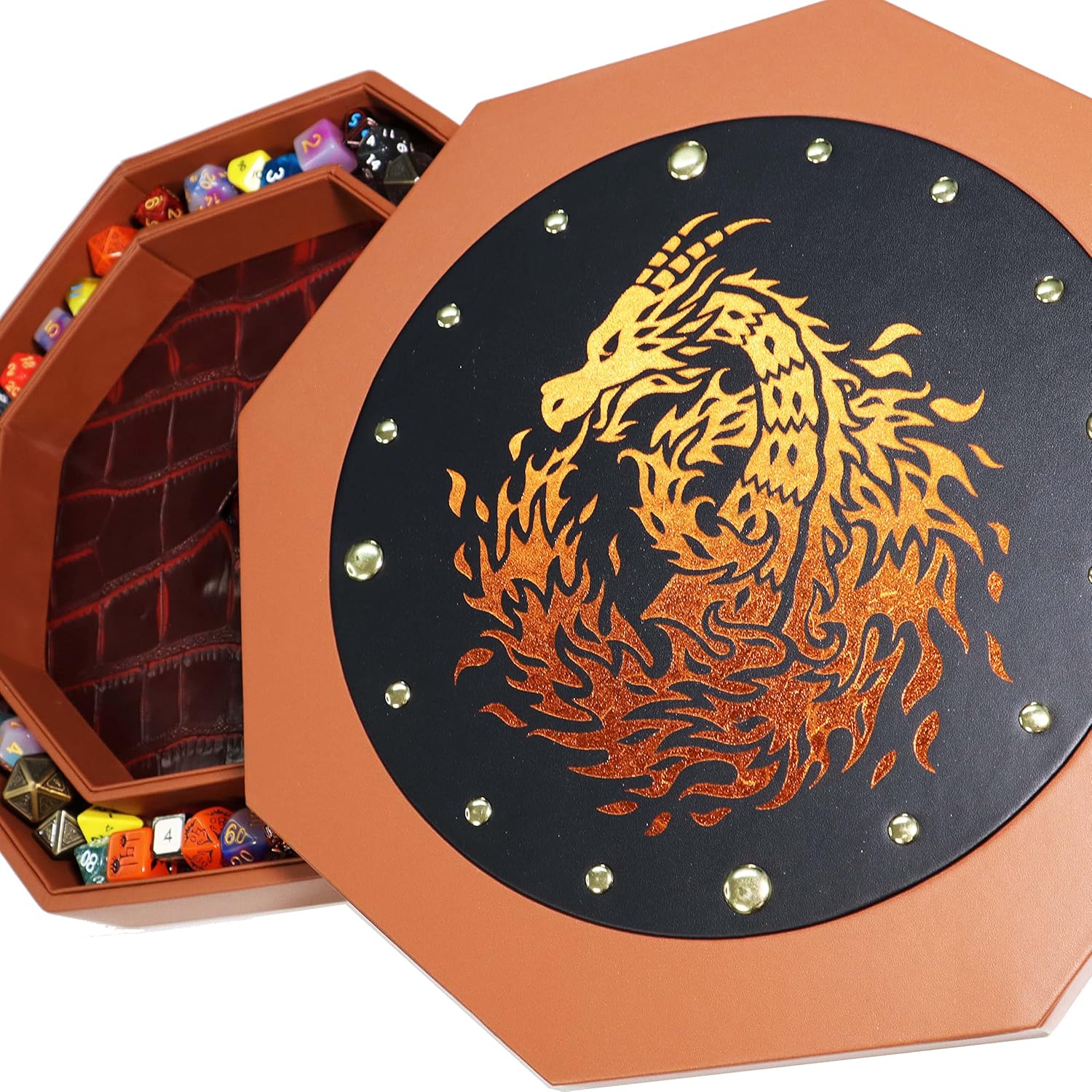 Fantasydice 12" Fire Dragon Eye Dice Tray with Lid – Extra-Large Octagon with Dice Staging Area, Holds 7 Full Dice Sets – Ideal for Tabletop RPGs and Board Games