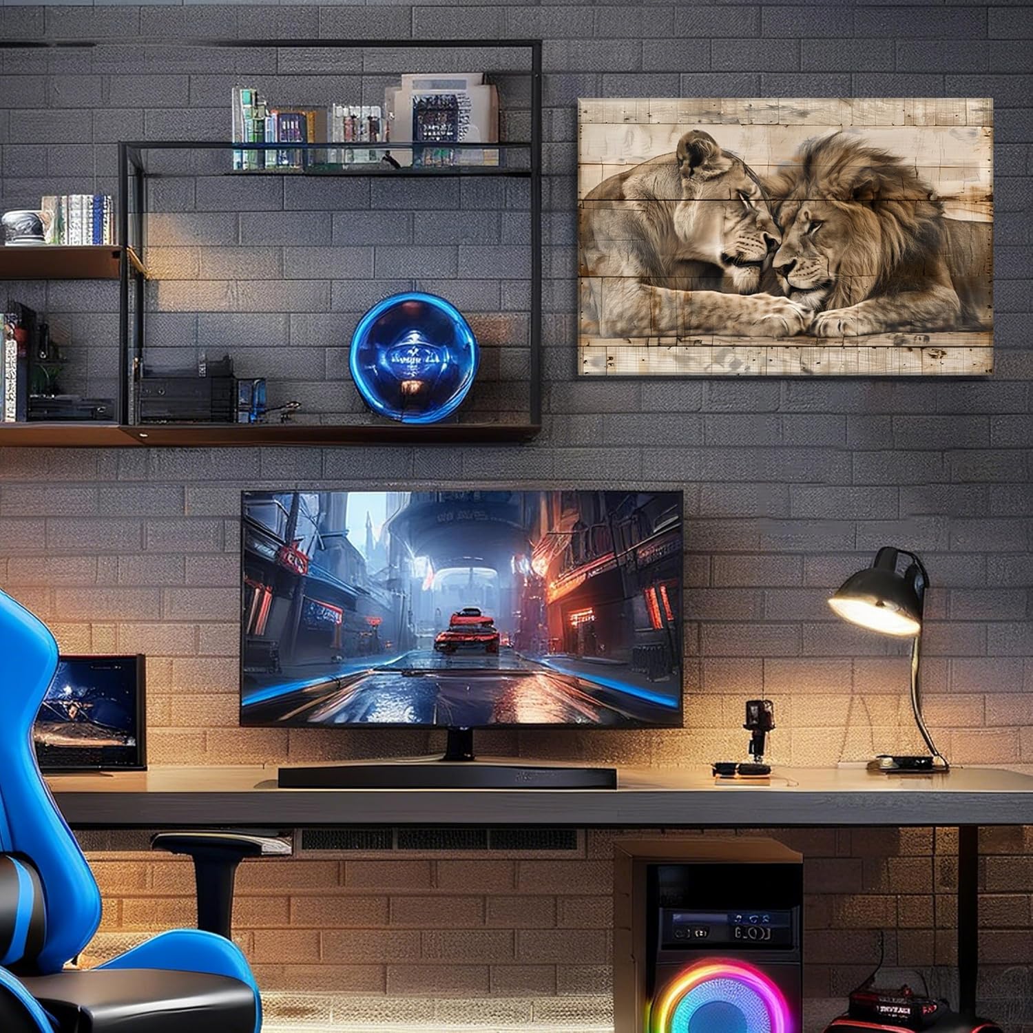 Lion Lioness Canvsa Wall Art Vintage Lion Picture Wall Decor Framed Wood Background Poster Animal Couple Painting Prints Living Room Bedroom Ready to Hang(16.00"x24.00") - Image 4