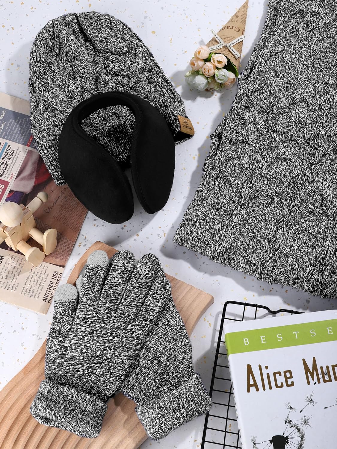 URATOT 4 Pack Winter Knitted Set Thick Knitted Beanie Hat Scarf Gloves Ear Warmer for Men or Women - Image 5