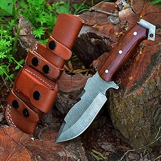 Hunting knife with Leather Sheath | Handmade Gut Hook, Full Tang Damascus Steel Knife | Multipurpose Fixed blade knife with Walnut Wood Handle with Bottle Opener that helps in Camping, Fishing | Horizontal carry knives for men - MARSH BLADES