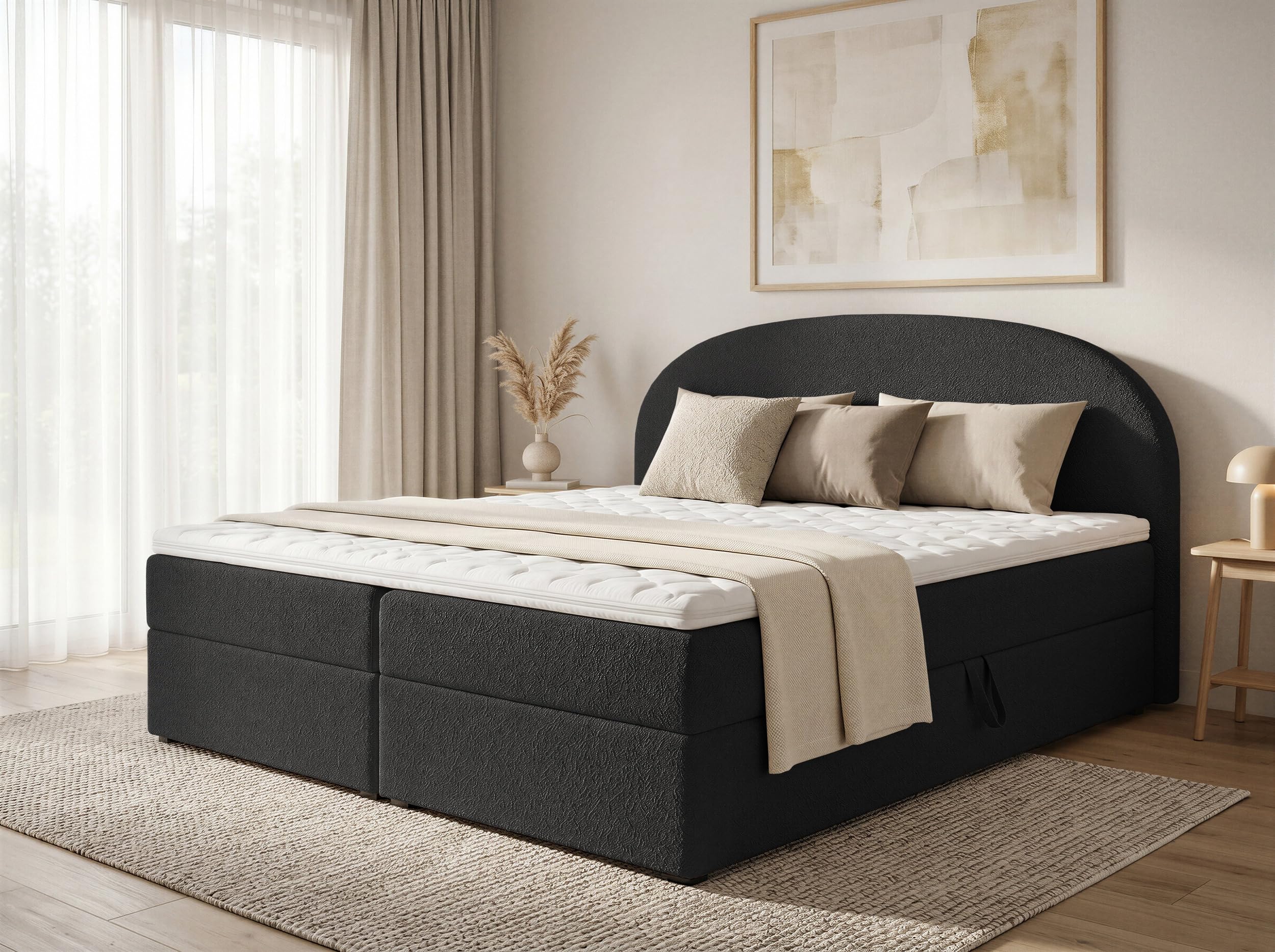 Sofnet Boxspringbett Cloud mit 2 Bettkästen, Doppelbett mit Bonell-Matratze und Topper, Polsterbett in weichem Bouclé-Stoff, Bett, Bettgestell für Schlafzimmer (Schwarz (Coral 60), 180 x 200 cm)