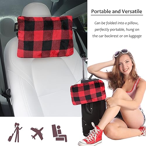 Miniatura 8 de Tirrinia Manta de forro polar portátil con bolsillos para los pies para mujeres y hombres, almohada para el cuello para el automóvil, bolsillo