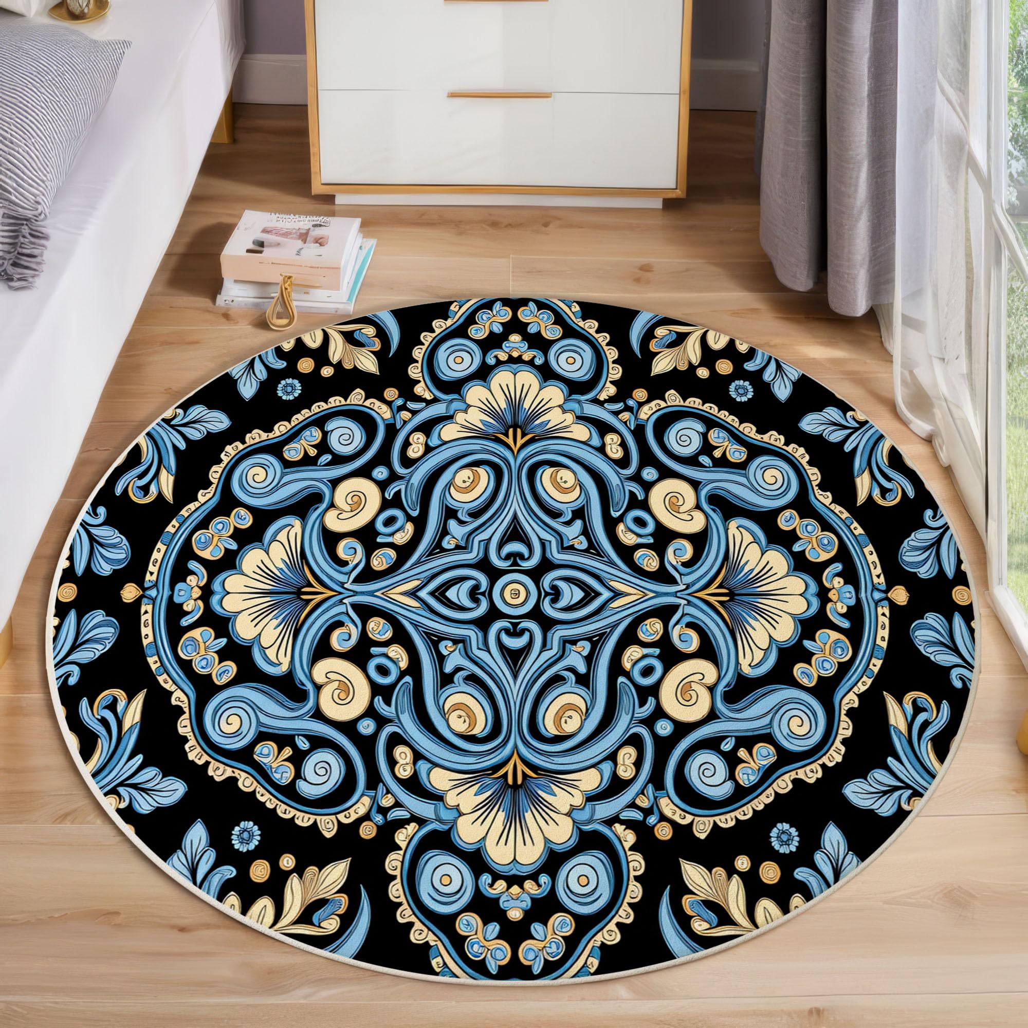 Tapis rond lavable style rétro ethnique de 100cm pour le salon
