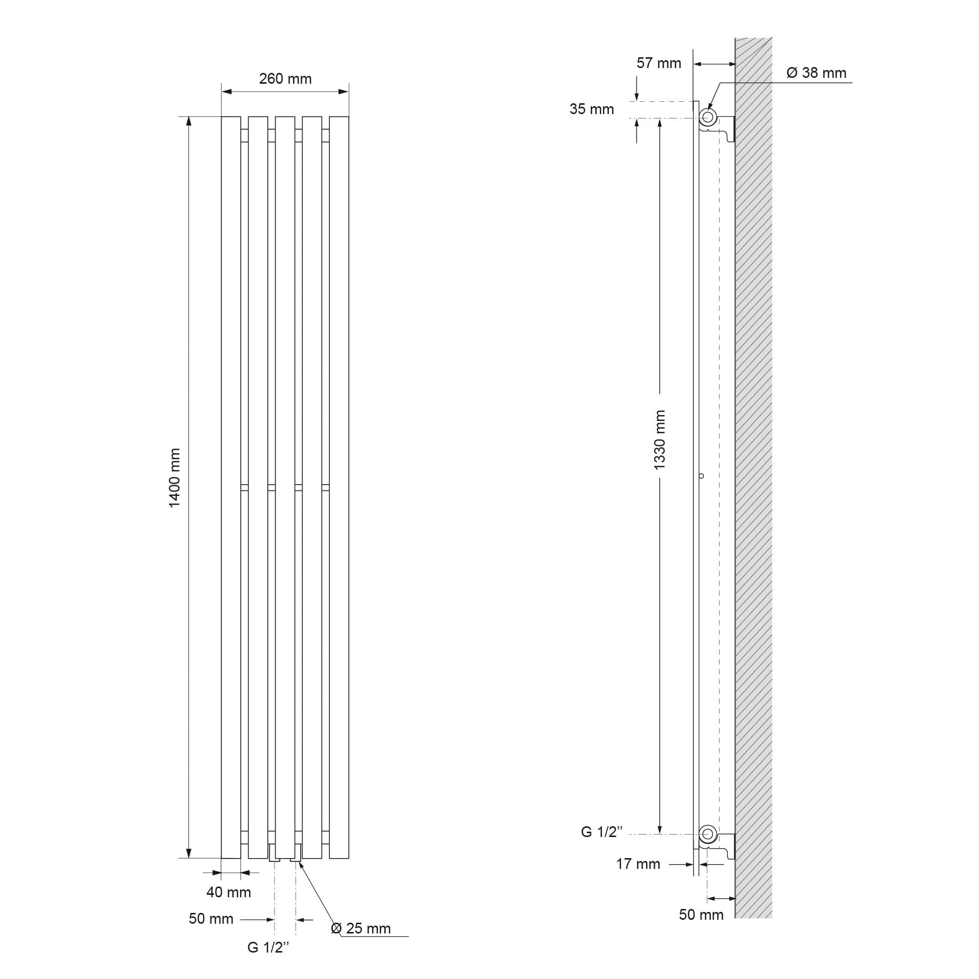 LuxeBath Radiateur Salle de Bain Stella 260x1400 mm Blanc Design Plat à Panneaux Vertical Monocouche Raccordement Central en Bas Appareil Chauffage à Eau Chaude Émetteur de Chaleur Mural en Acier