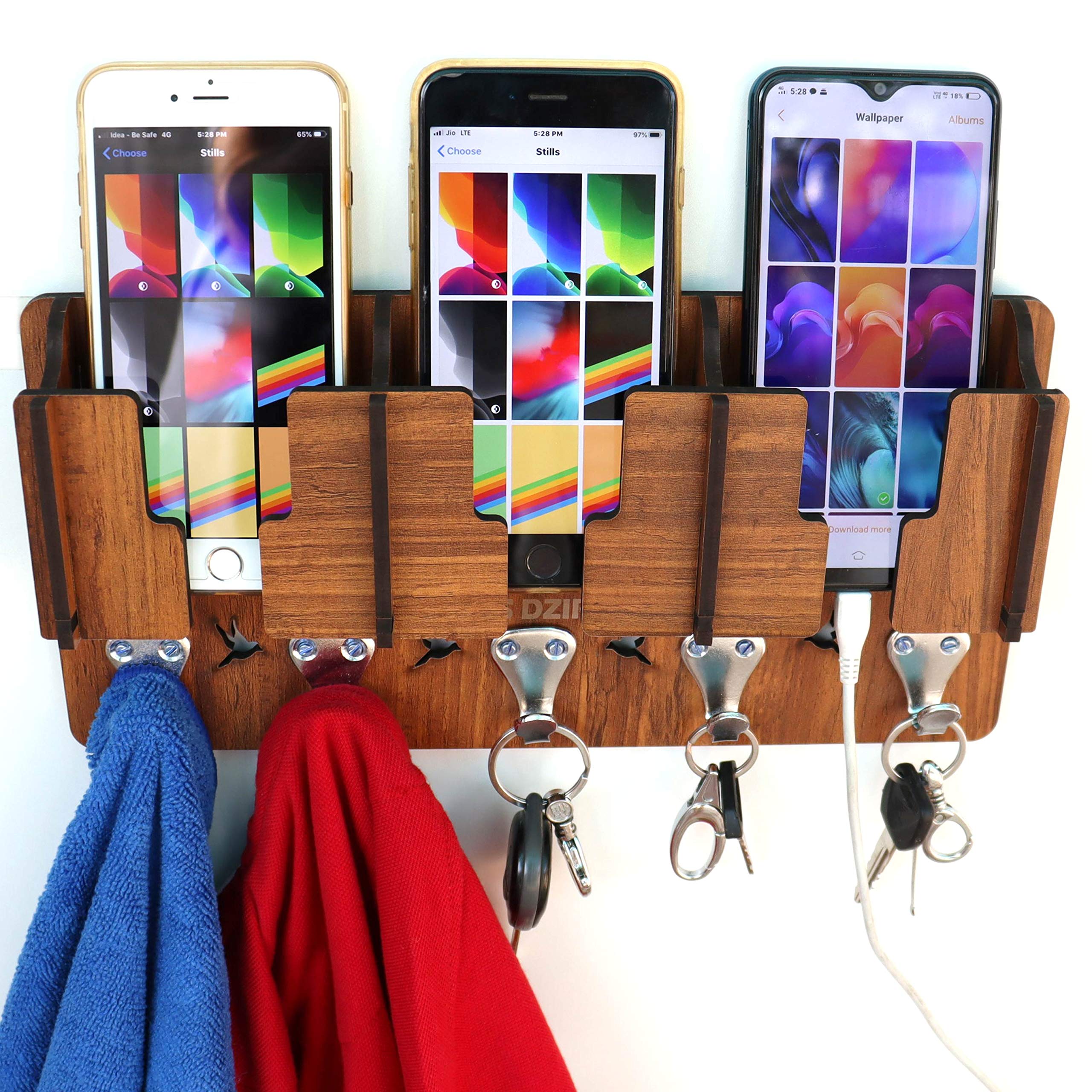 Wooden Key Holder with Charging Stand - Wall Mount Organizer -5