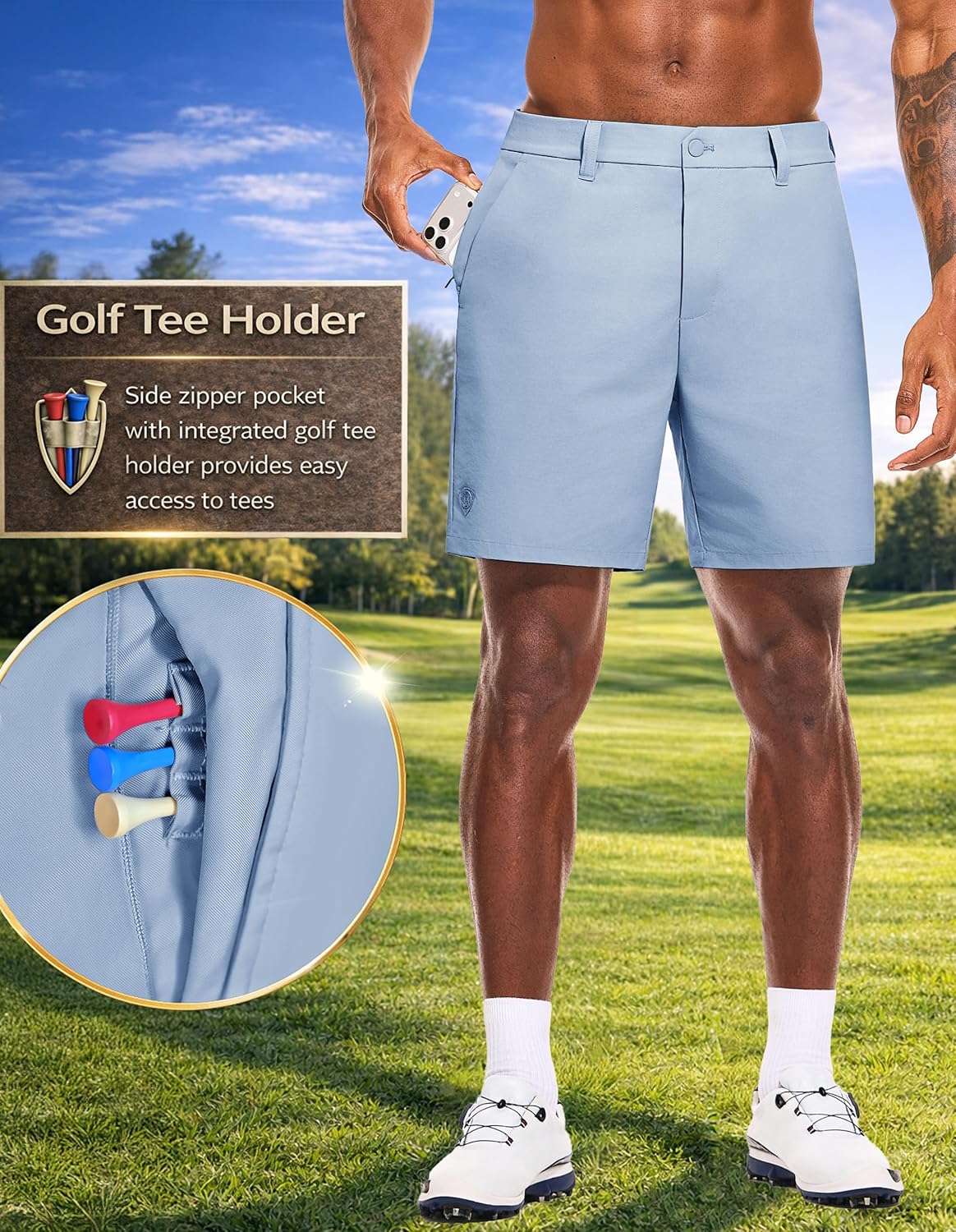 PULI Men's Golf Shorts 7 Inch Inseam Stretchy Waterproof with 5 Pockets for Travel Hiking Casual Business