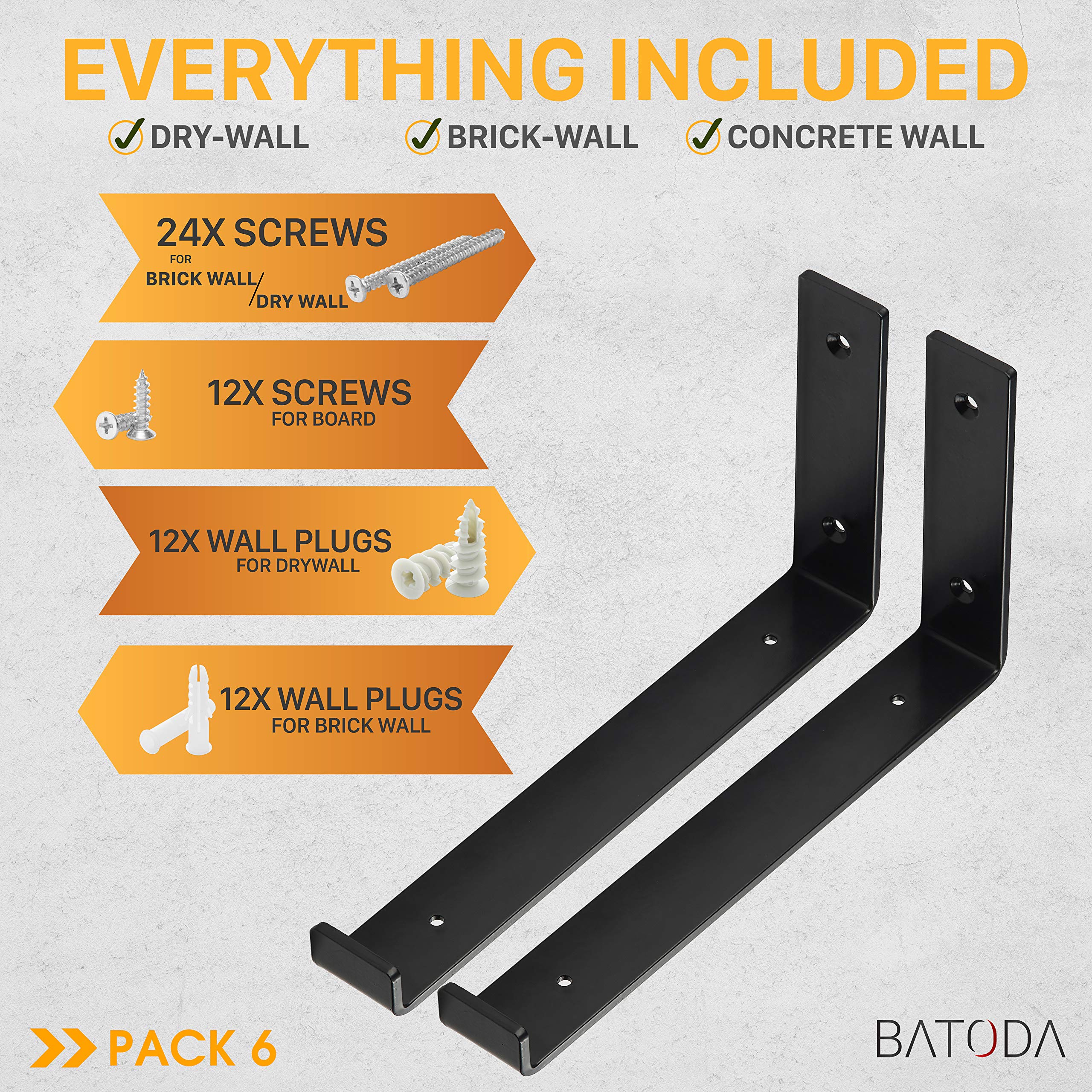 BATODA Lip Shelf Brackets 8” x 6” (6pcs) Floating Shelf Bracket