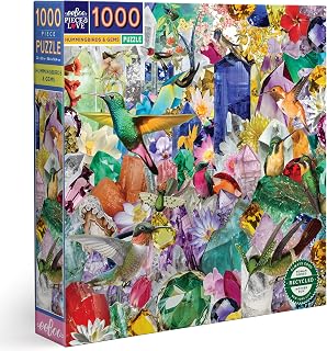 eeBoo: Piece and Love Hummingbirds and Gems 1000 Piece Square Adult Jigsaw Puzzle, 23" x 23" When Completed, Sturdy Puzzle Pieces, For Ages 14 and up