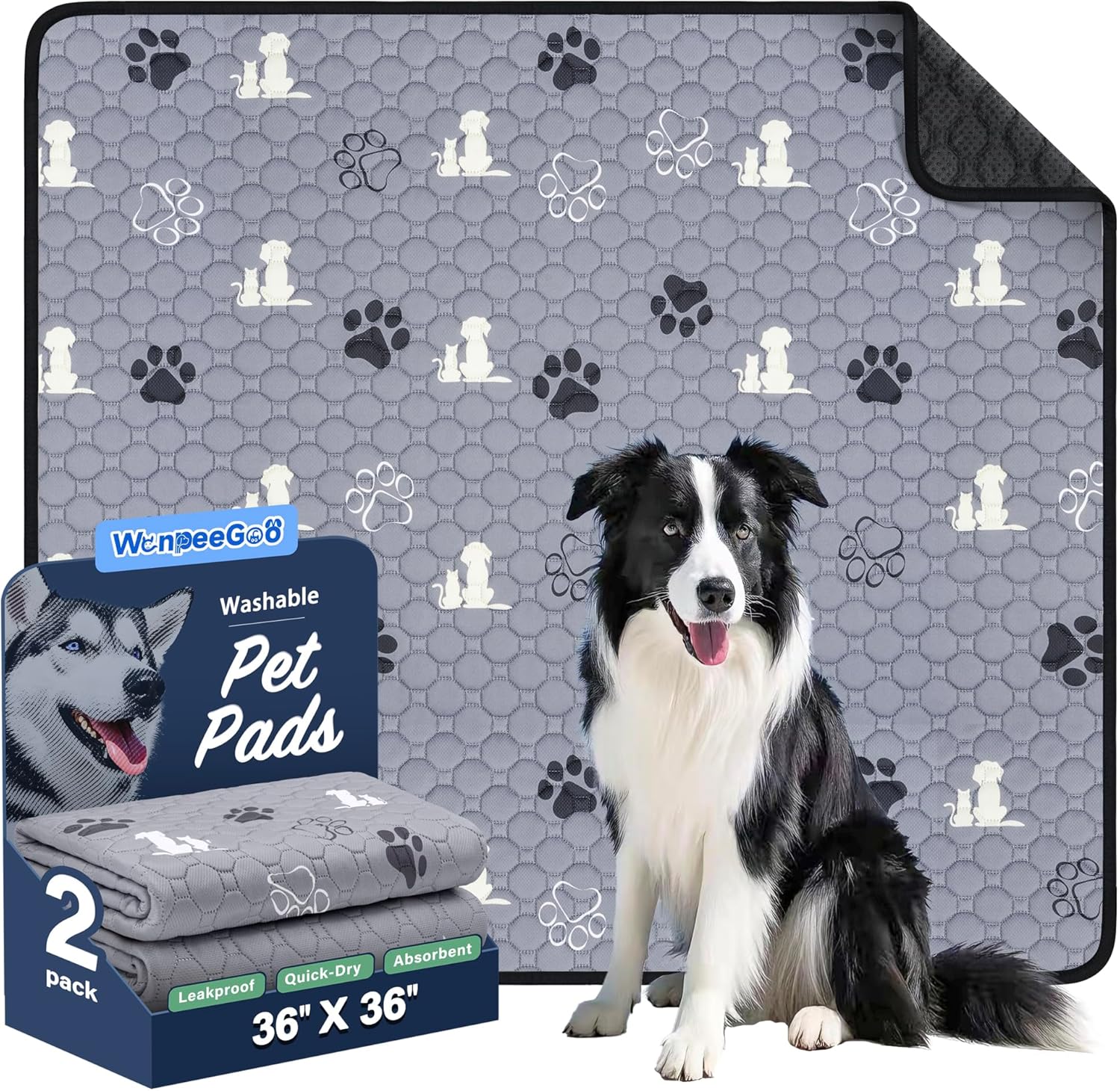 Washable Pee Pads, Puppy Pee Pad for Dogs, 2 Pack Absorbent Reusable Training Dog Pads Pet Puppy Pads, Non-Slip Potty Pads for Whelping, Playpen, Crate, Bed, Grey 36"x36" Gray 36"x36"(Pack of 2)