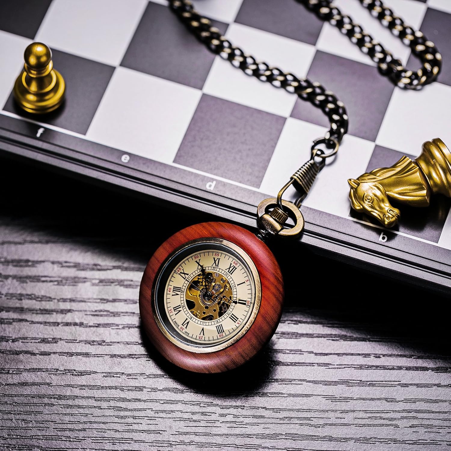 TREEWETO Vintage Wood Mechanical Pocket Watch for Men Women Steampunk Skeleton Dial with Chain + Box